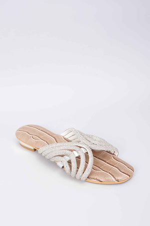 Beige Synthetic & Vegan Rhinestone Embellished Crocs Flats