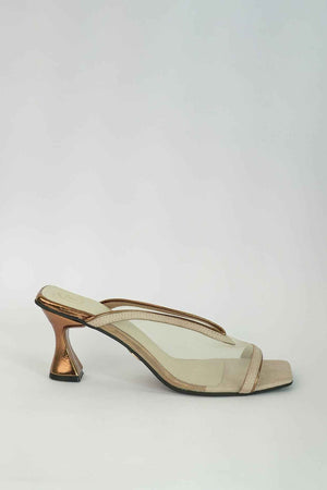 Gold Shark Net Open Toe Slip on Heels