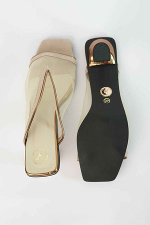 Gold Shark Net Open Toe Slip on Heels