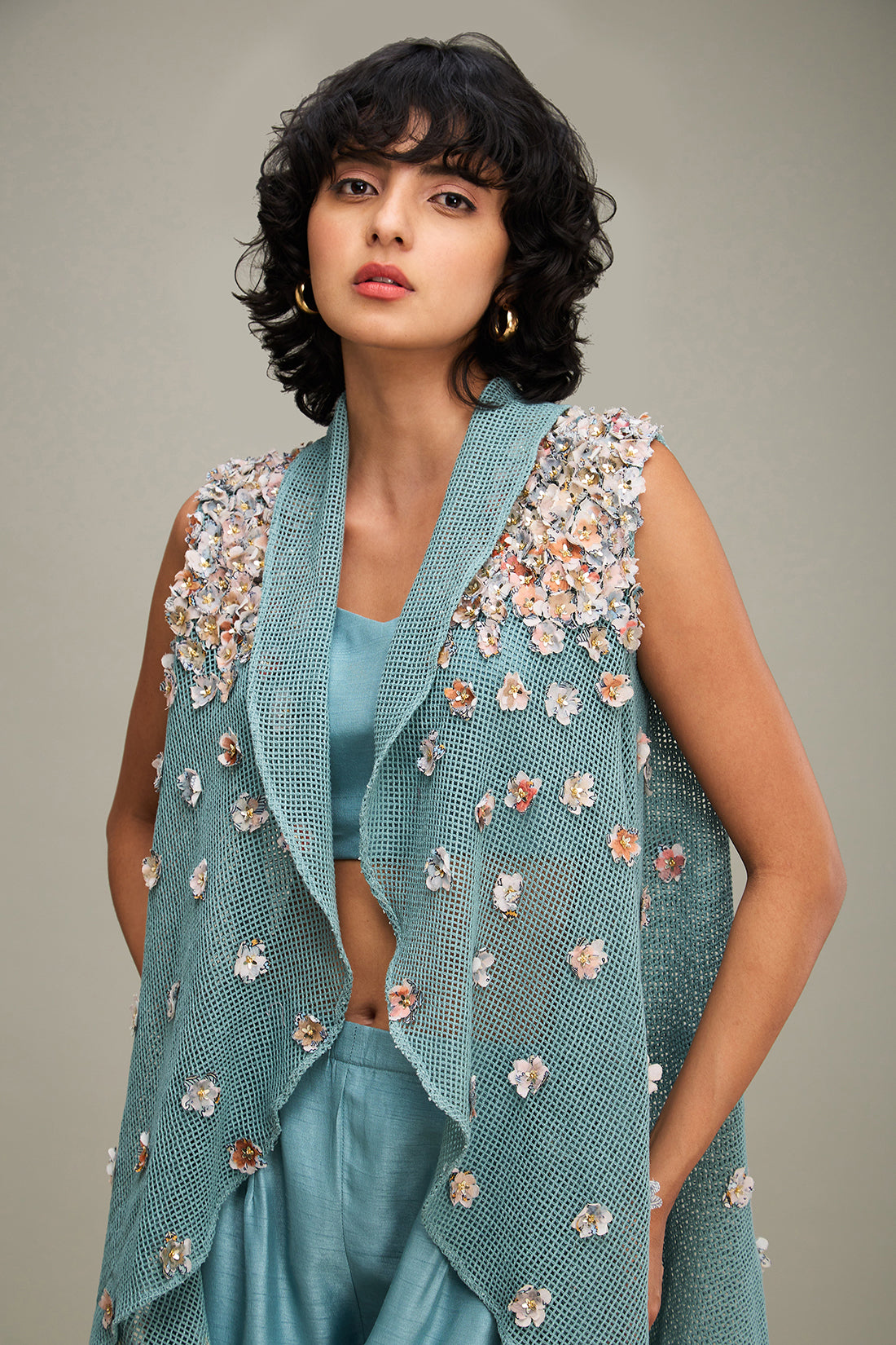 Conversational Embellished Co Ord Set With Cape