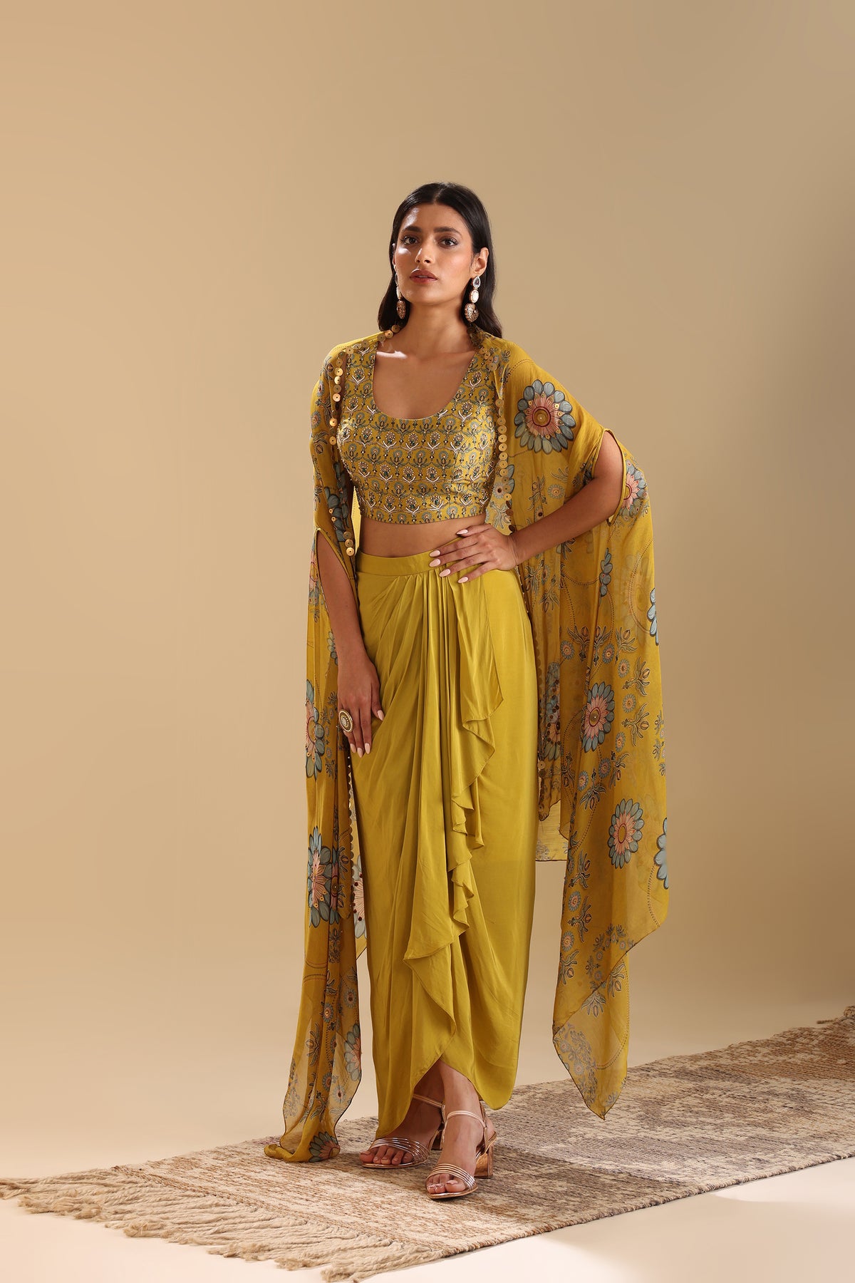 Eraya Emblished Drape Skirt Set With Cape