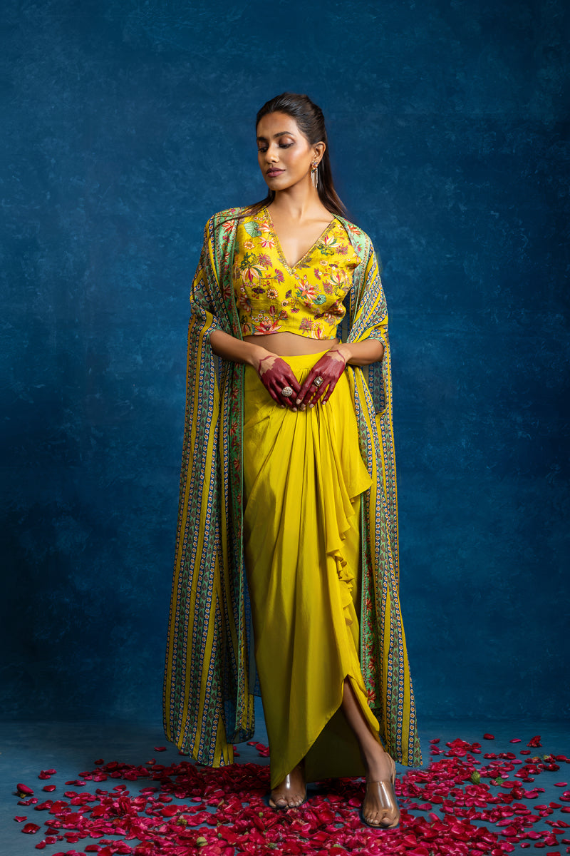 Aarani embellished drape skirt set with long cape