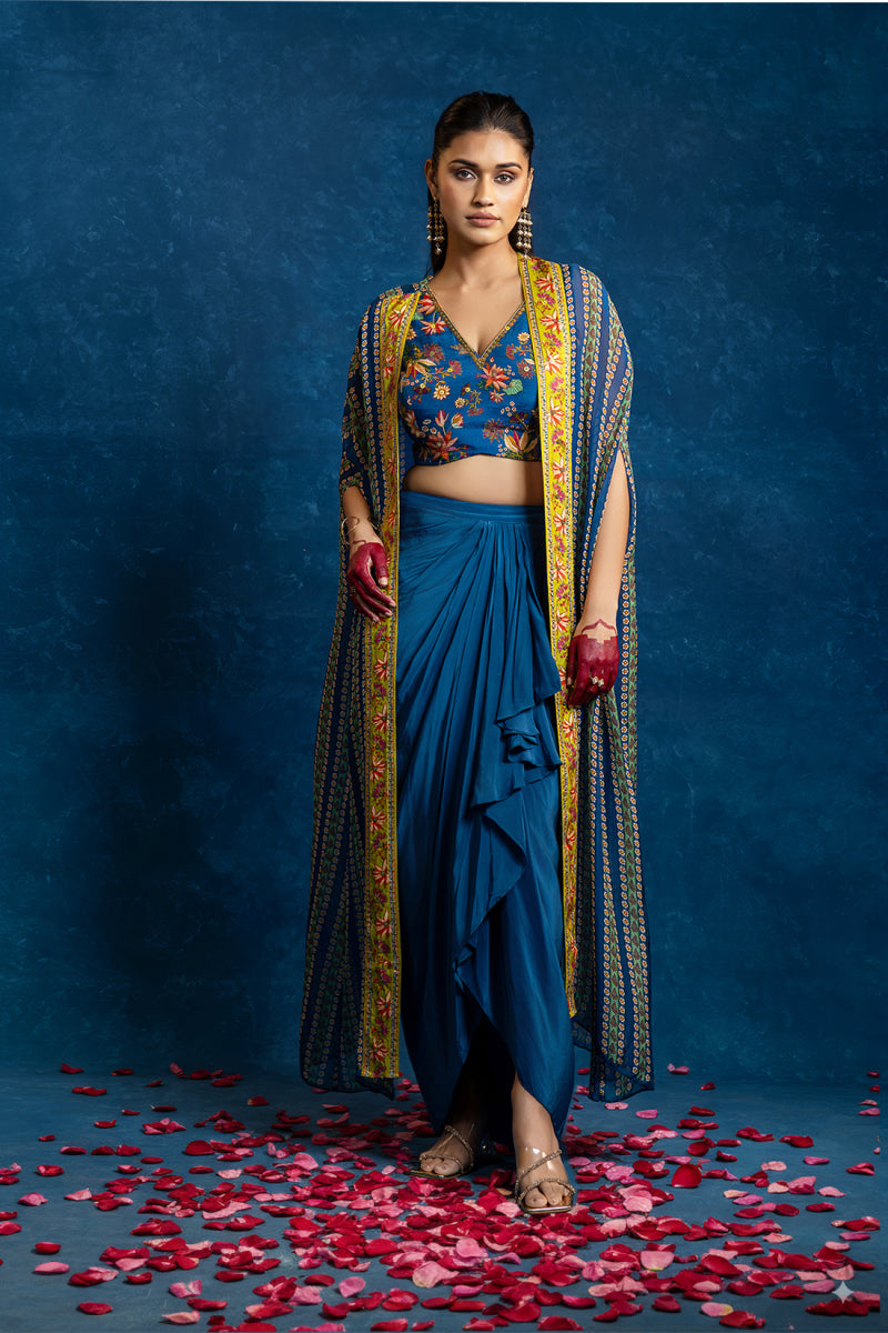 Aarani embellished drape skirt set with long cape