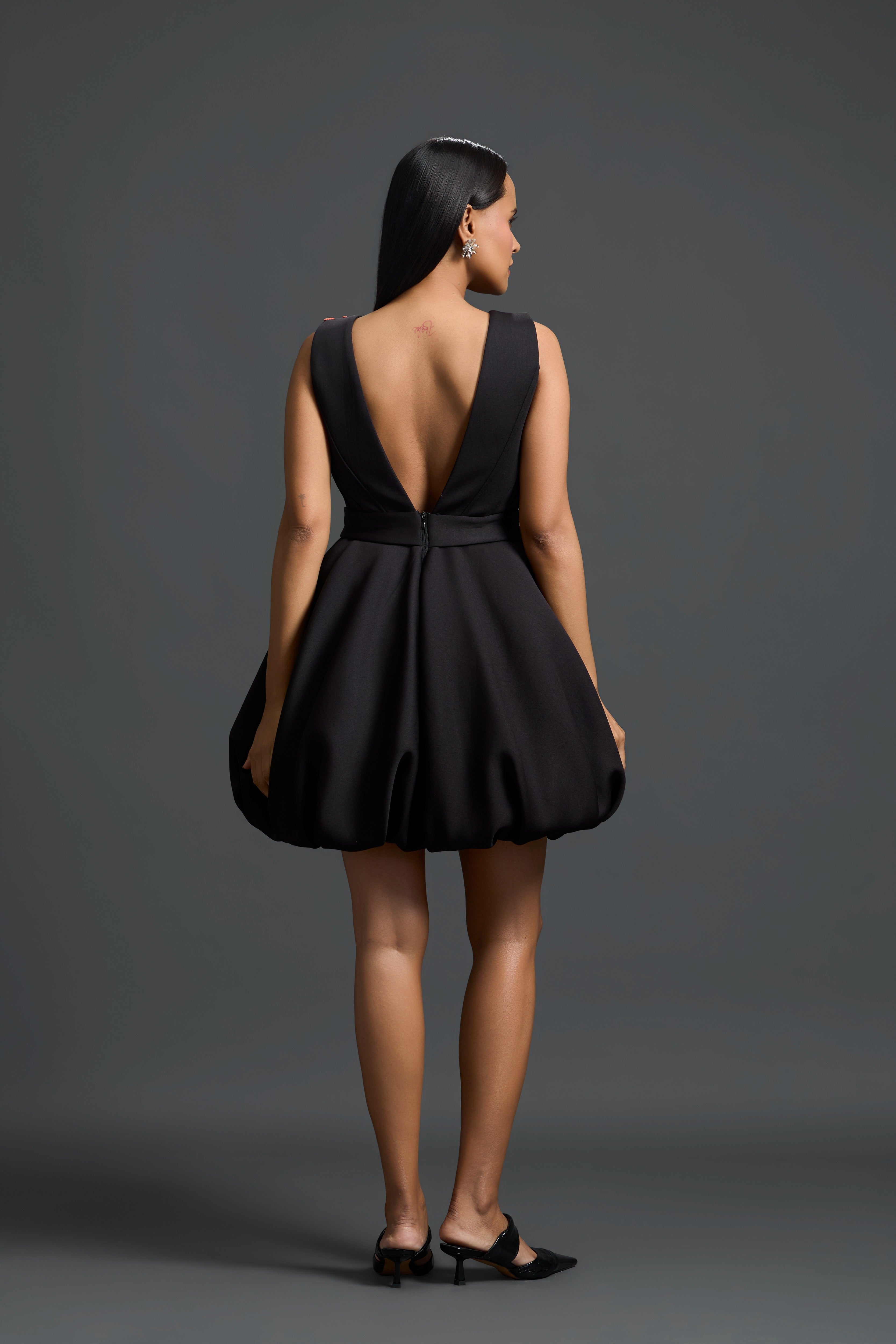 Black Swarovski Floral Puff-Sleeve Dress