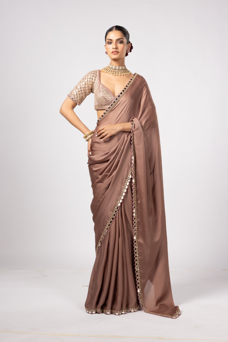 DEEP BEIGE SATIN SAREE WITH SWEETHEART NECK BLOUSE