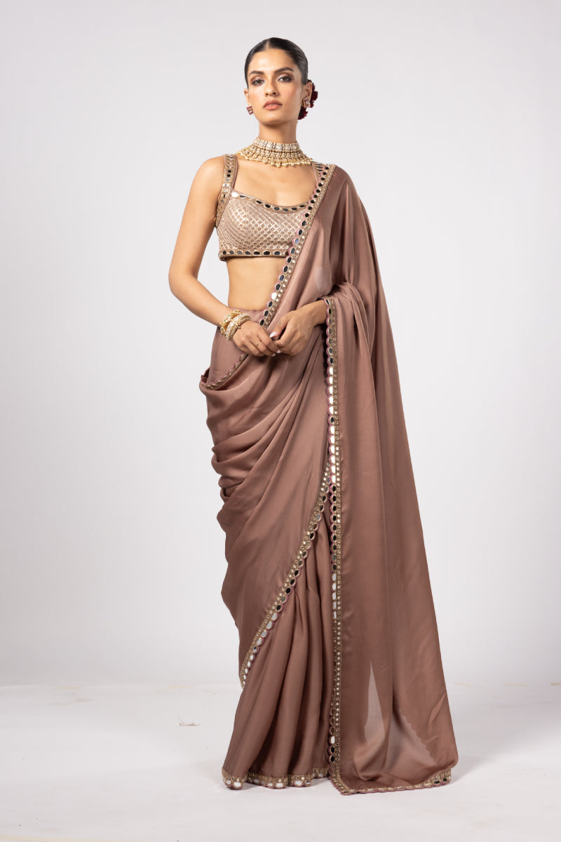 DEEP BEIGE SATIN SAREE WITH SQUARE NECK BLOUSE