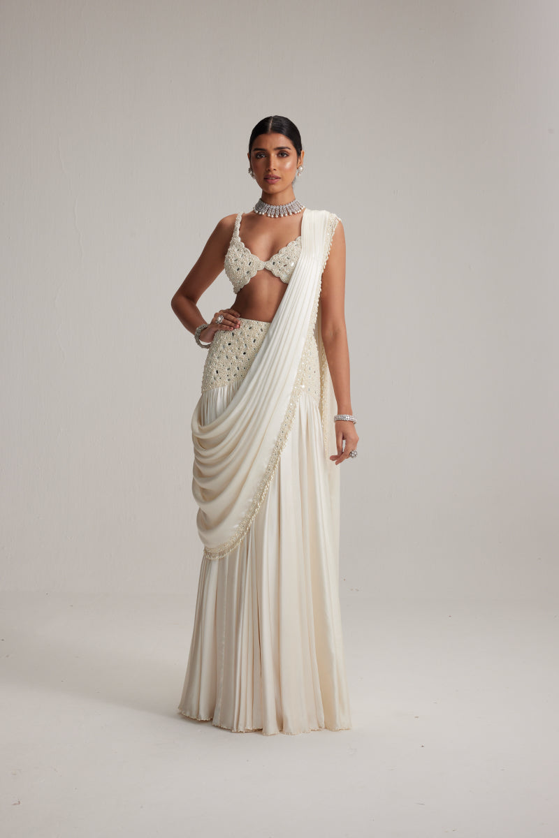 Off White Pearl and Mirror Embroidered satin draped saree set