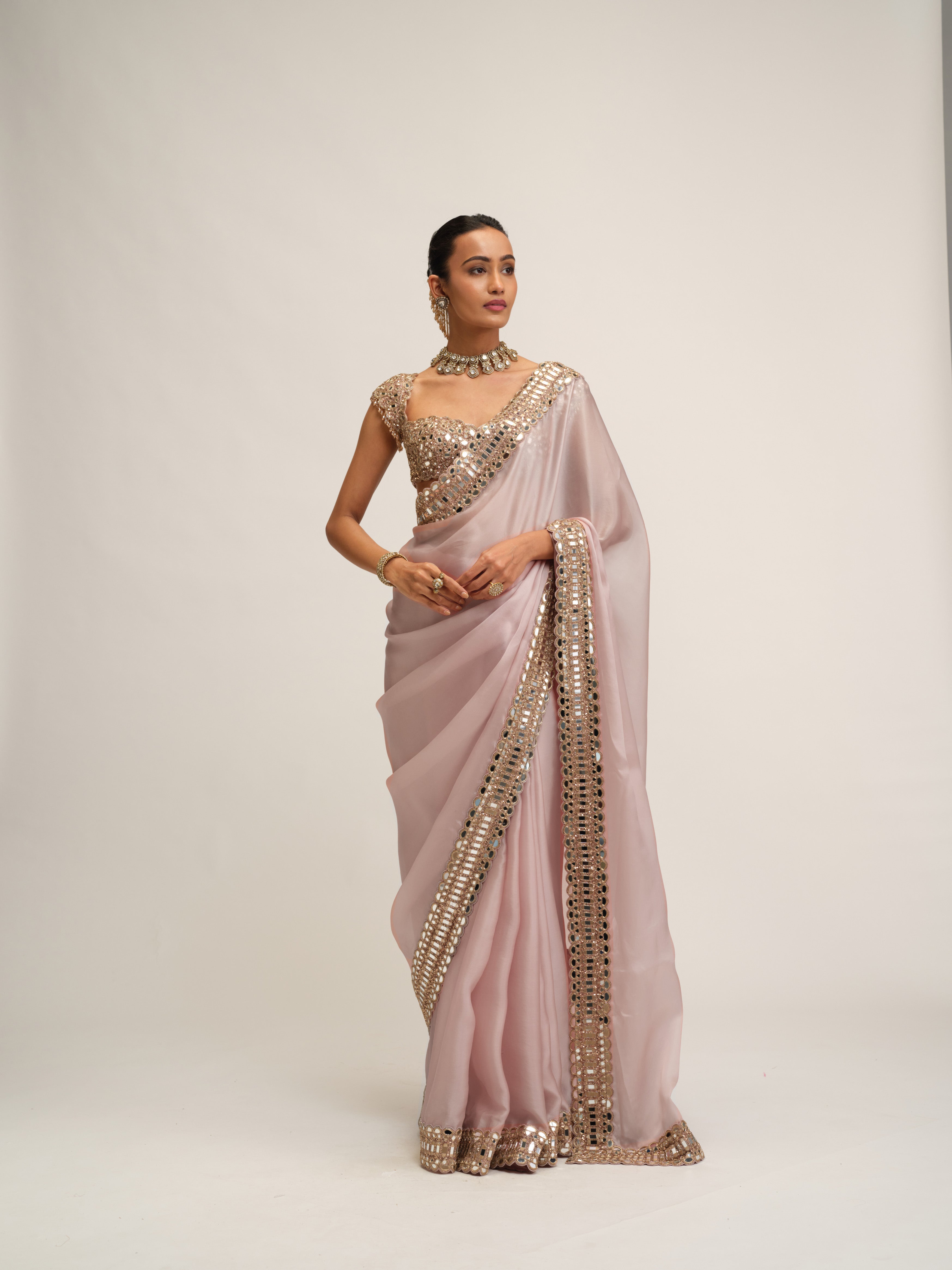 Ash Pink Satin Organza Saree Set