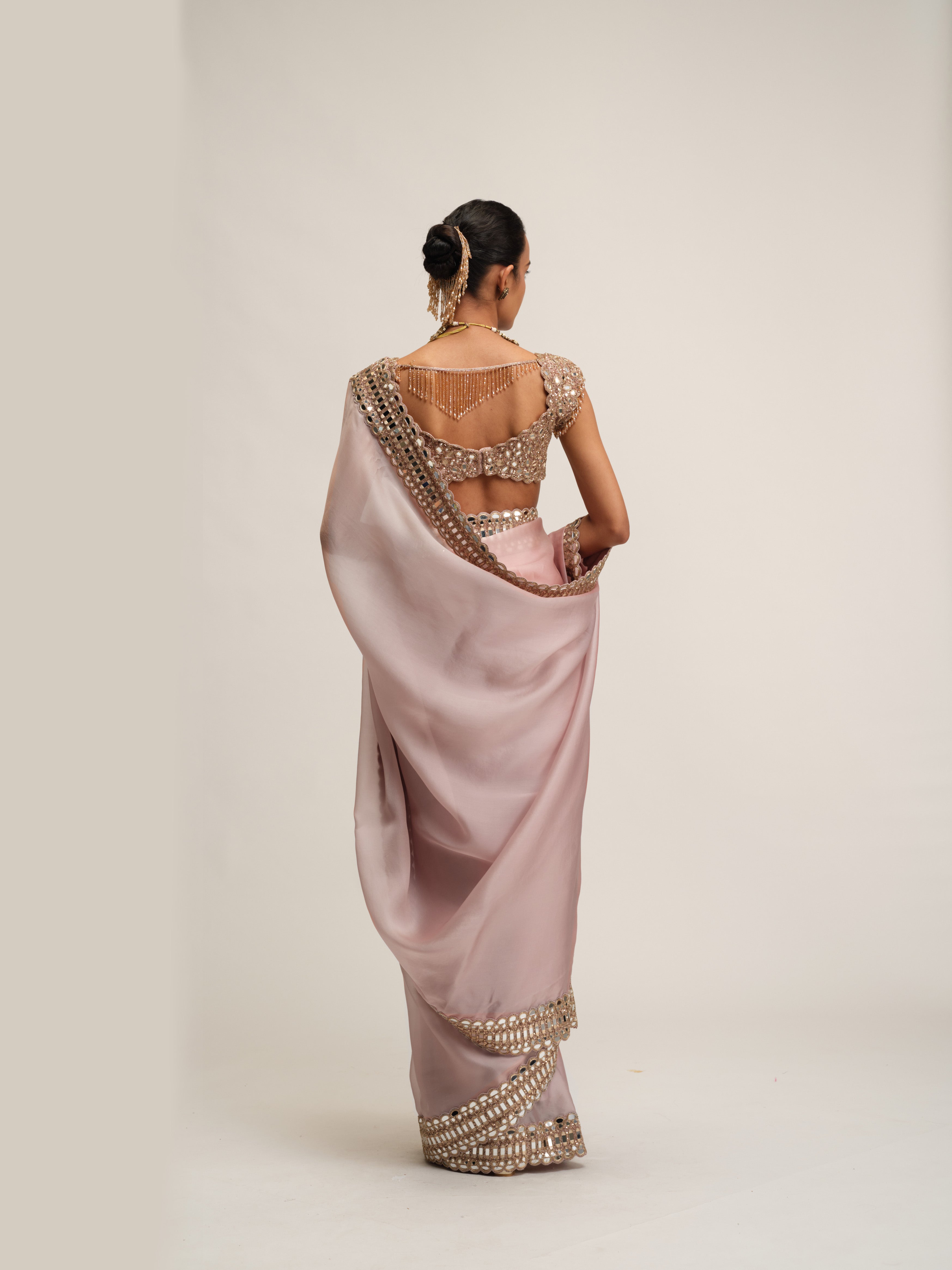 Ash Pink Satin Organza Saree Set
