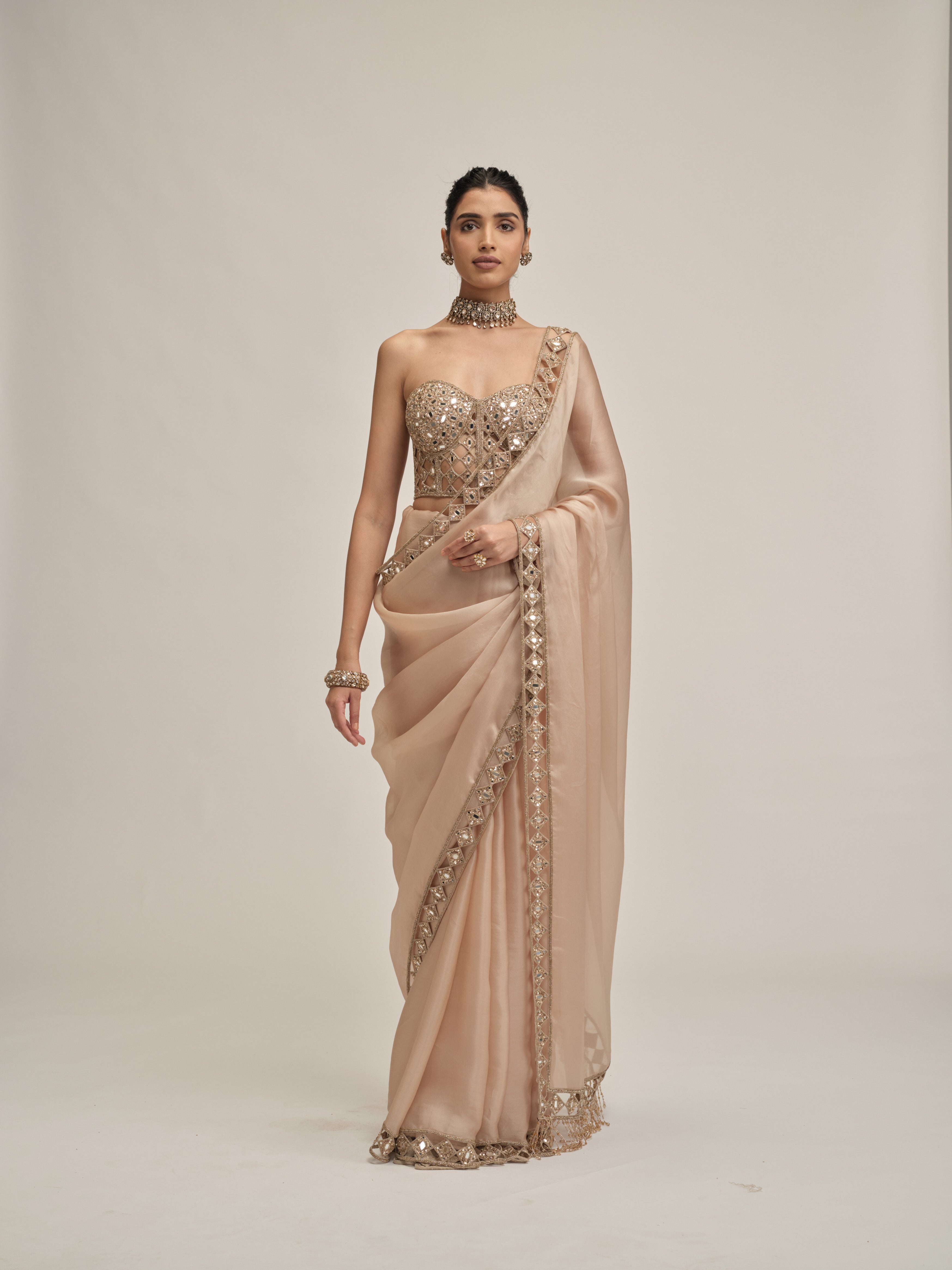 Light Beige Cutwork Border Saree With Corset Set