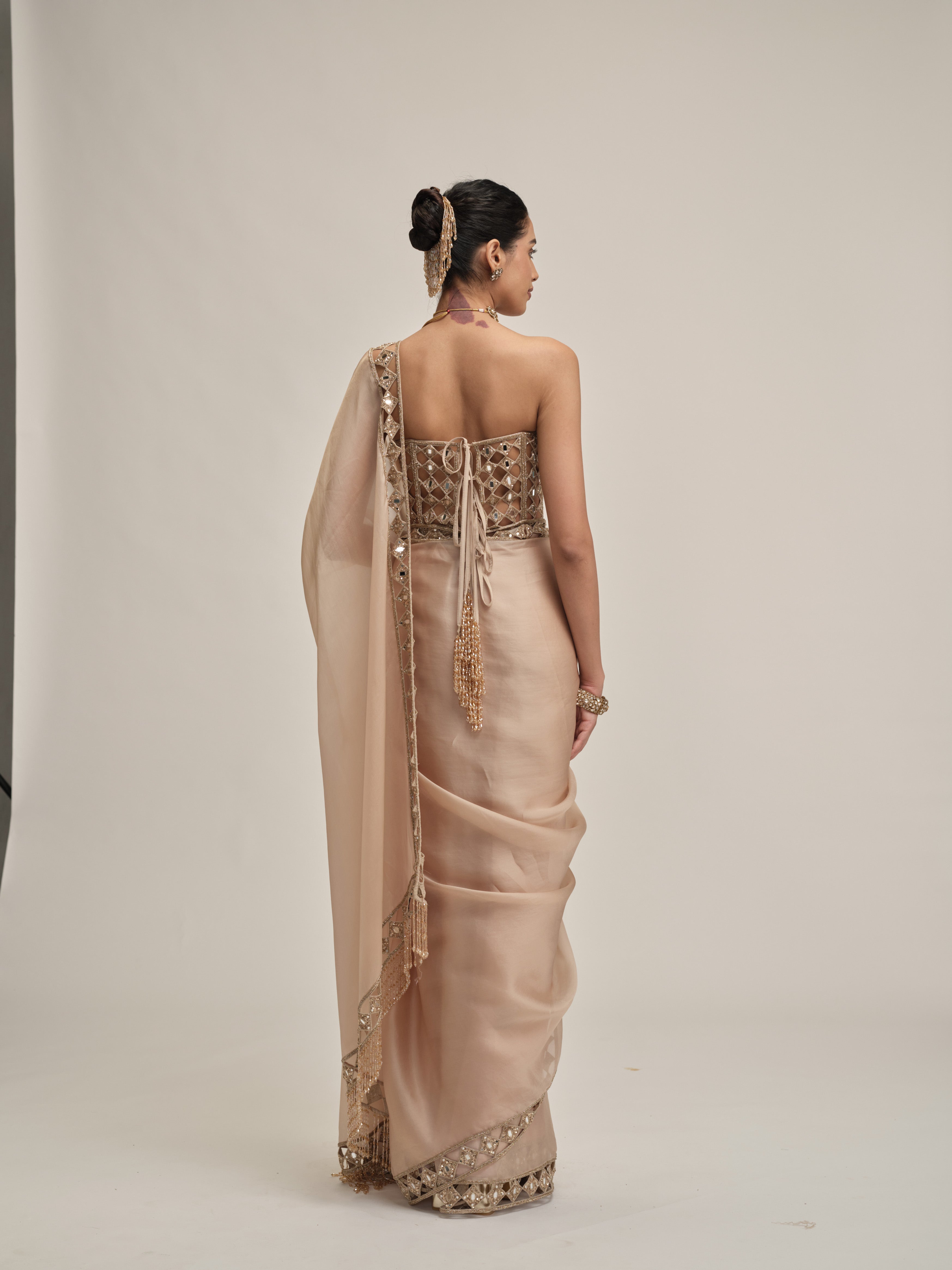 Light Beige Cutwork Border Saree With Corset Set