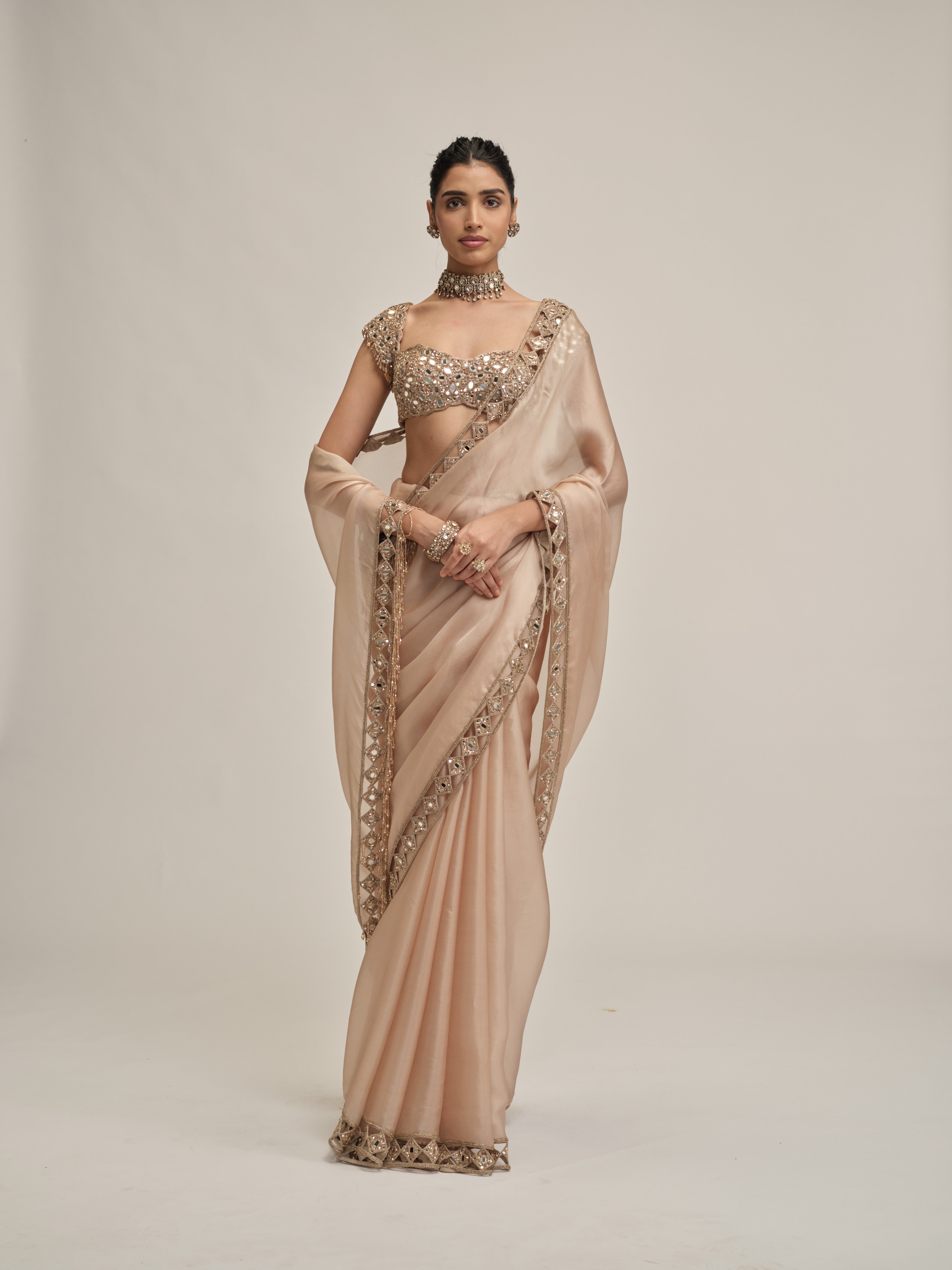 Light Beige Diamond Cutwork Border Saree Set