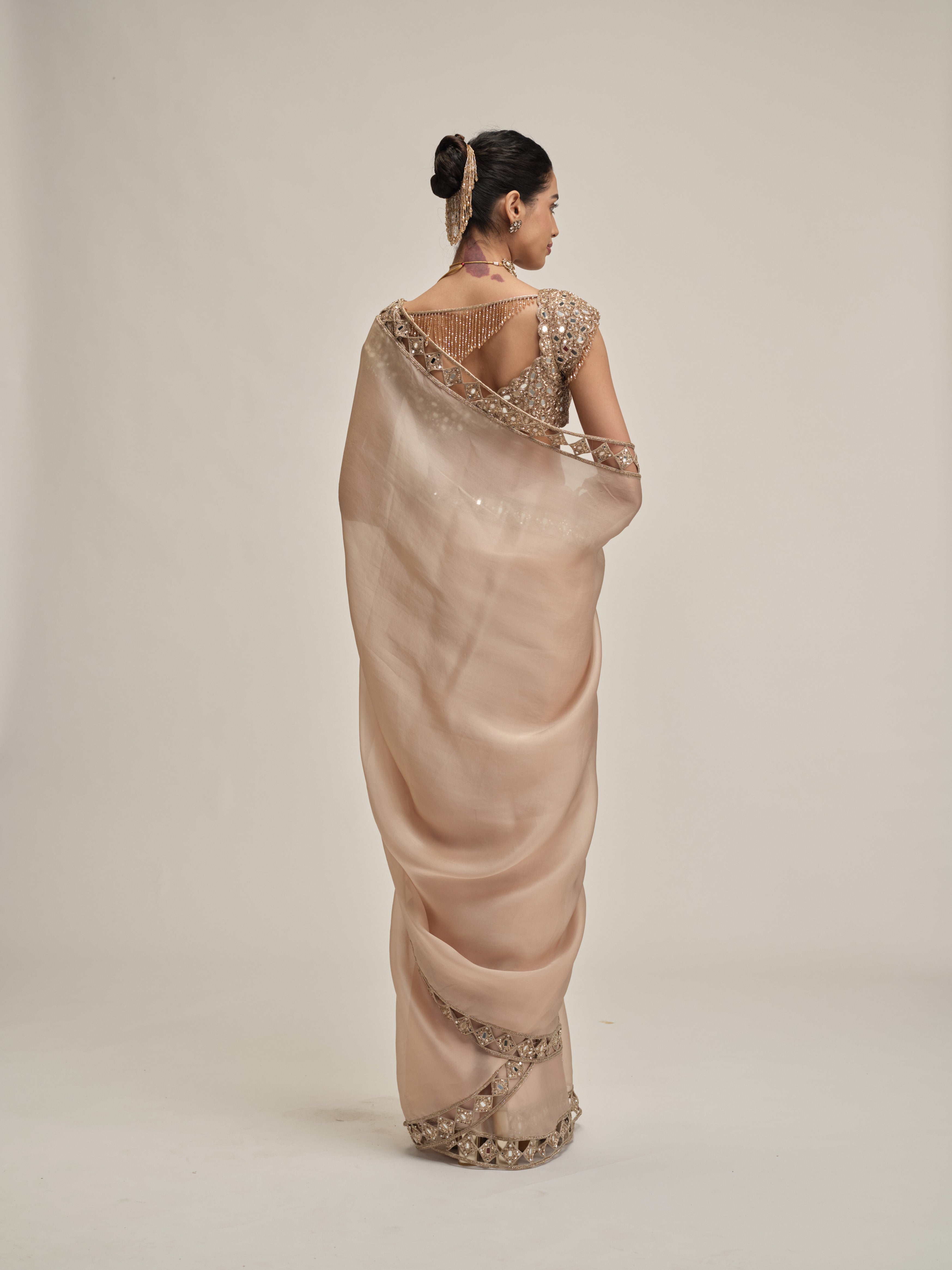 Light Beige Diamond Cutwork Border Saree Set