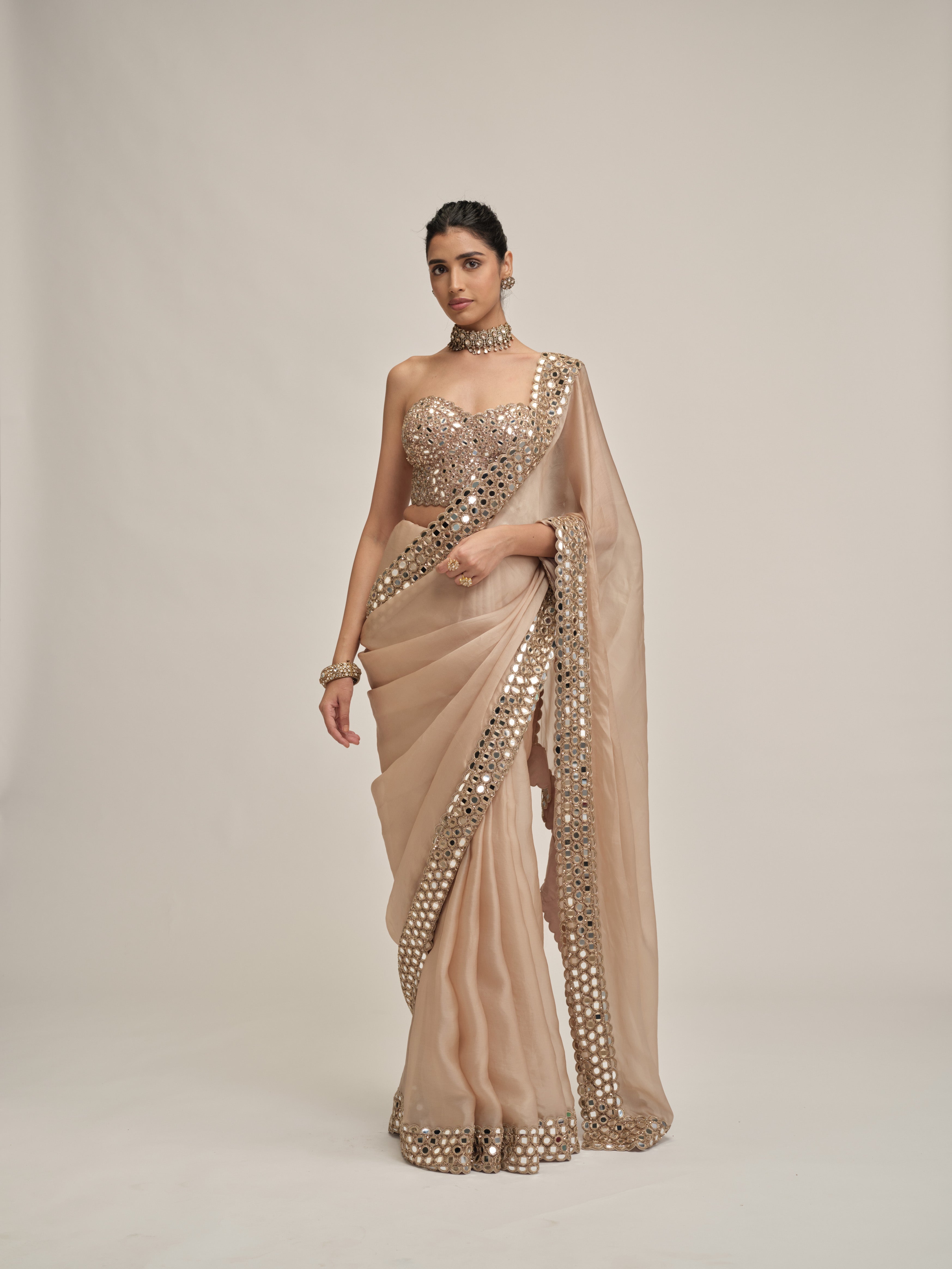 Light Beige Mirror Border Saree With Corset Set