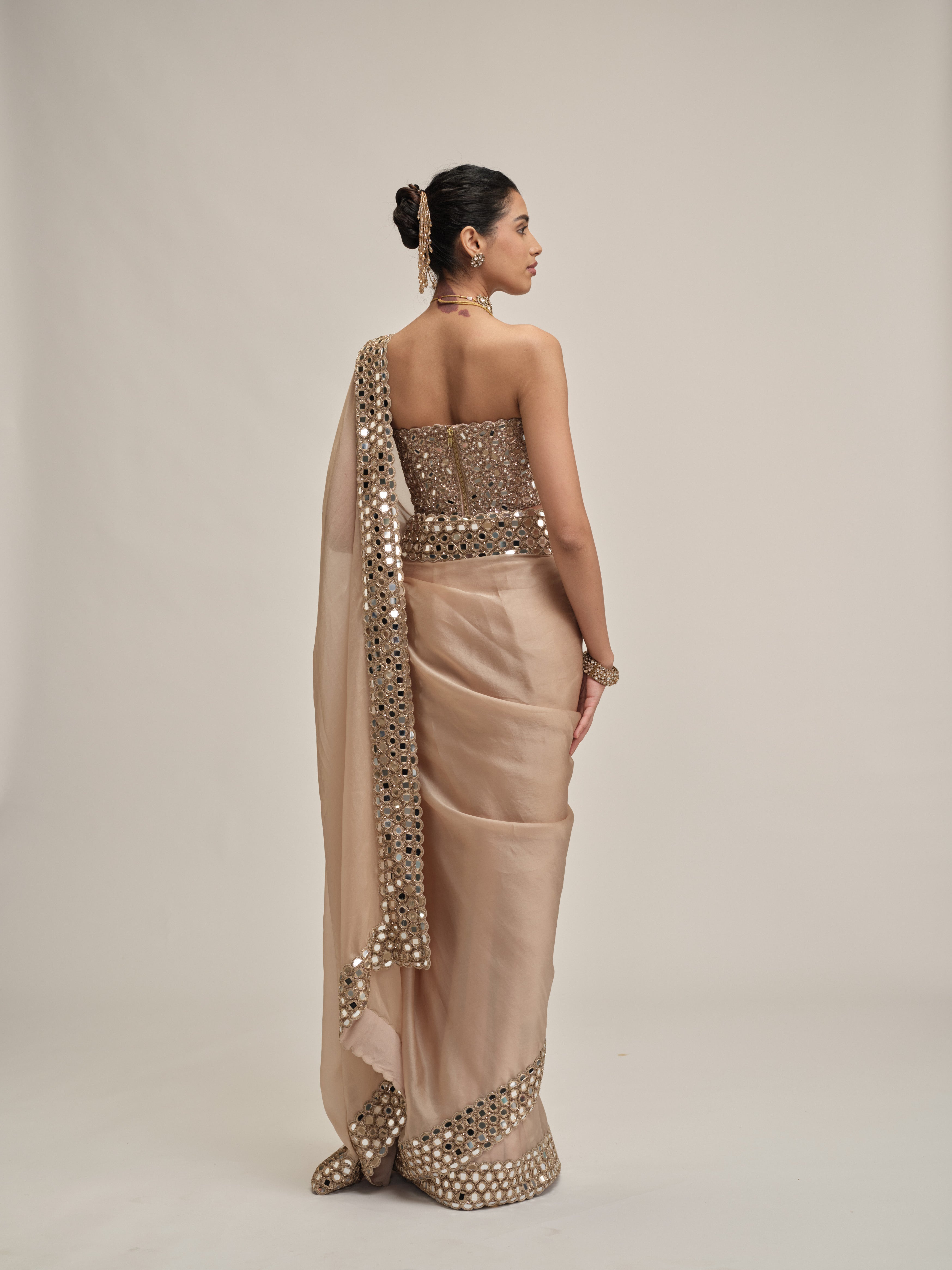 Light Beige Mirror Border Saree With Corset Set