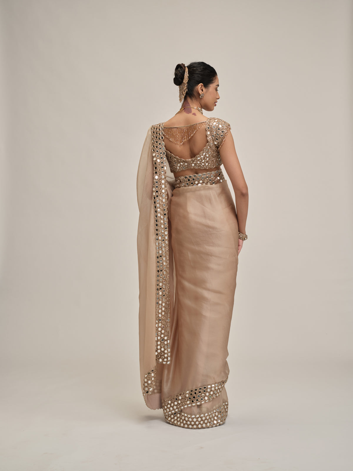 Light Beige Mirror Border Saree Set