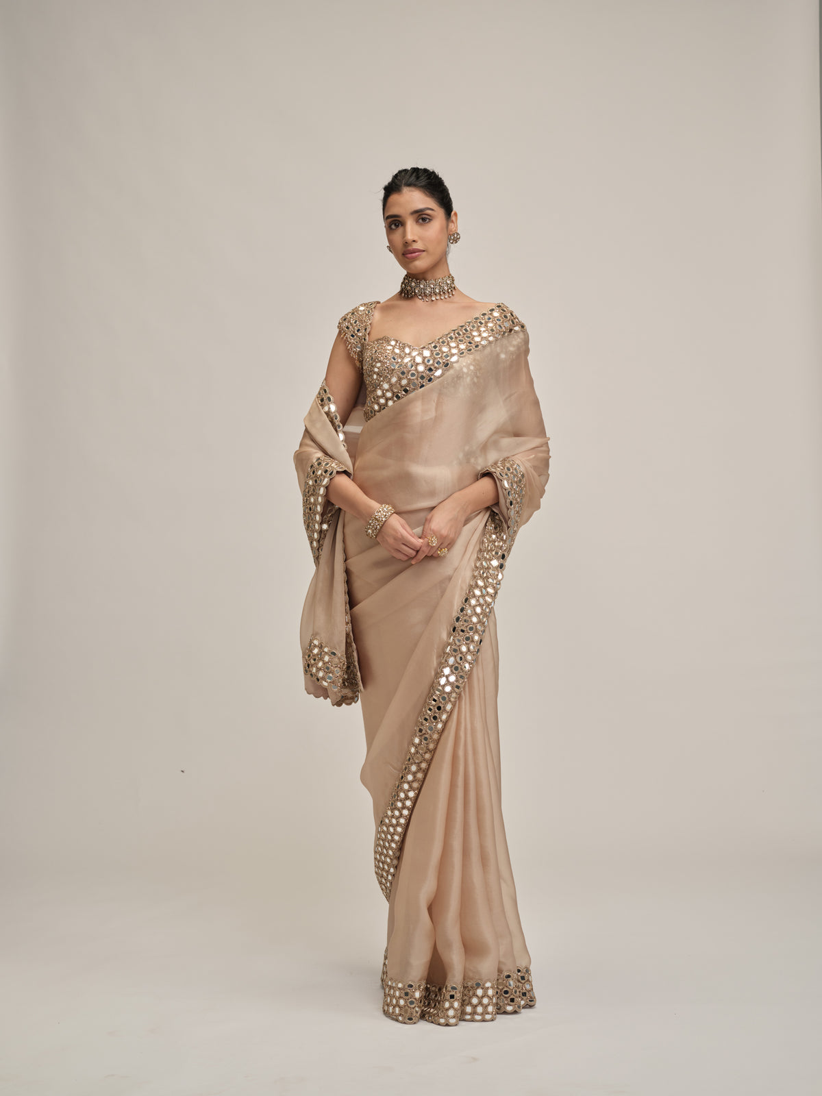 Light Beige Mirror Border Saree Set