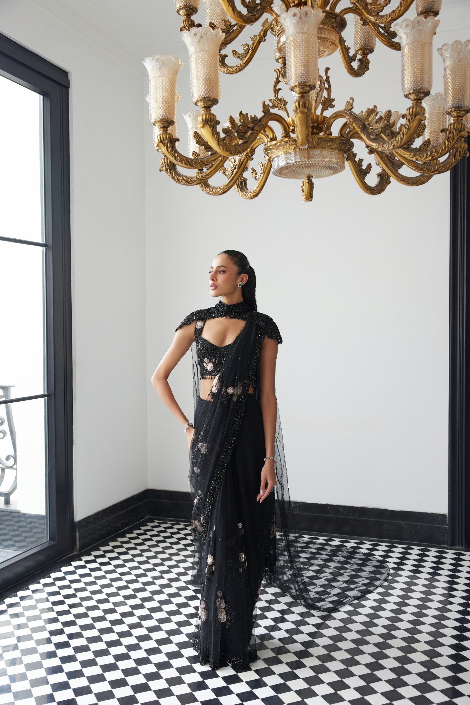 Black Patchworked Saree With A Veil