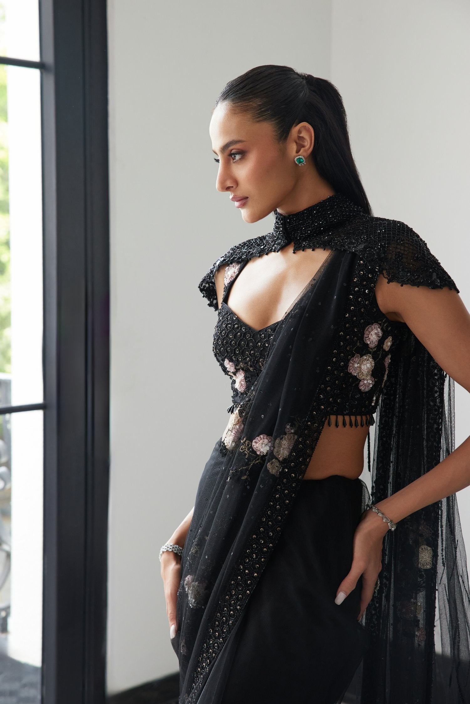 Black Patchworked Saree With A Veil