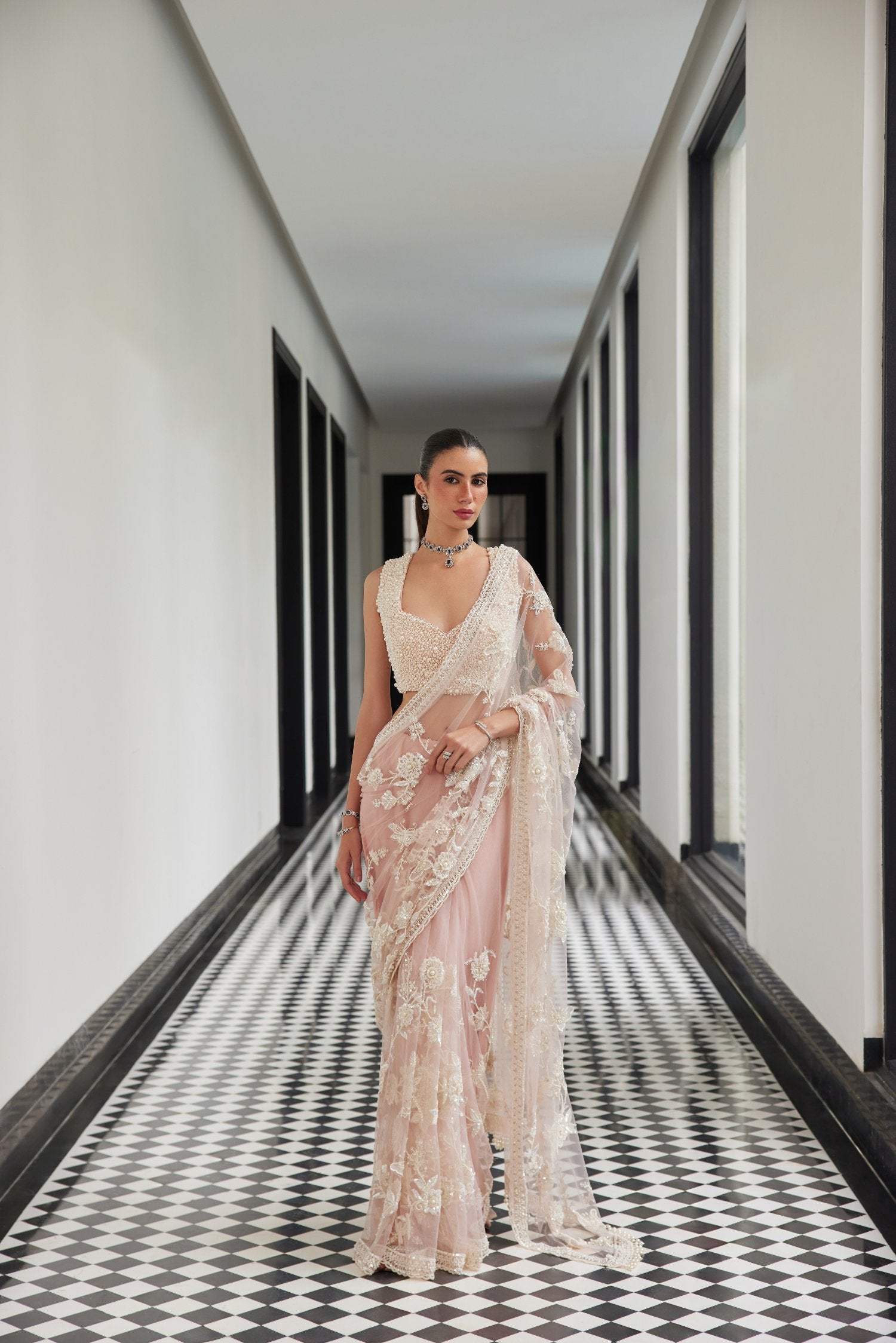 Pink Saree With Pearl Emebellished Blouse