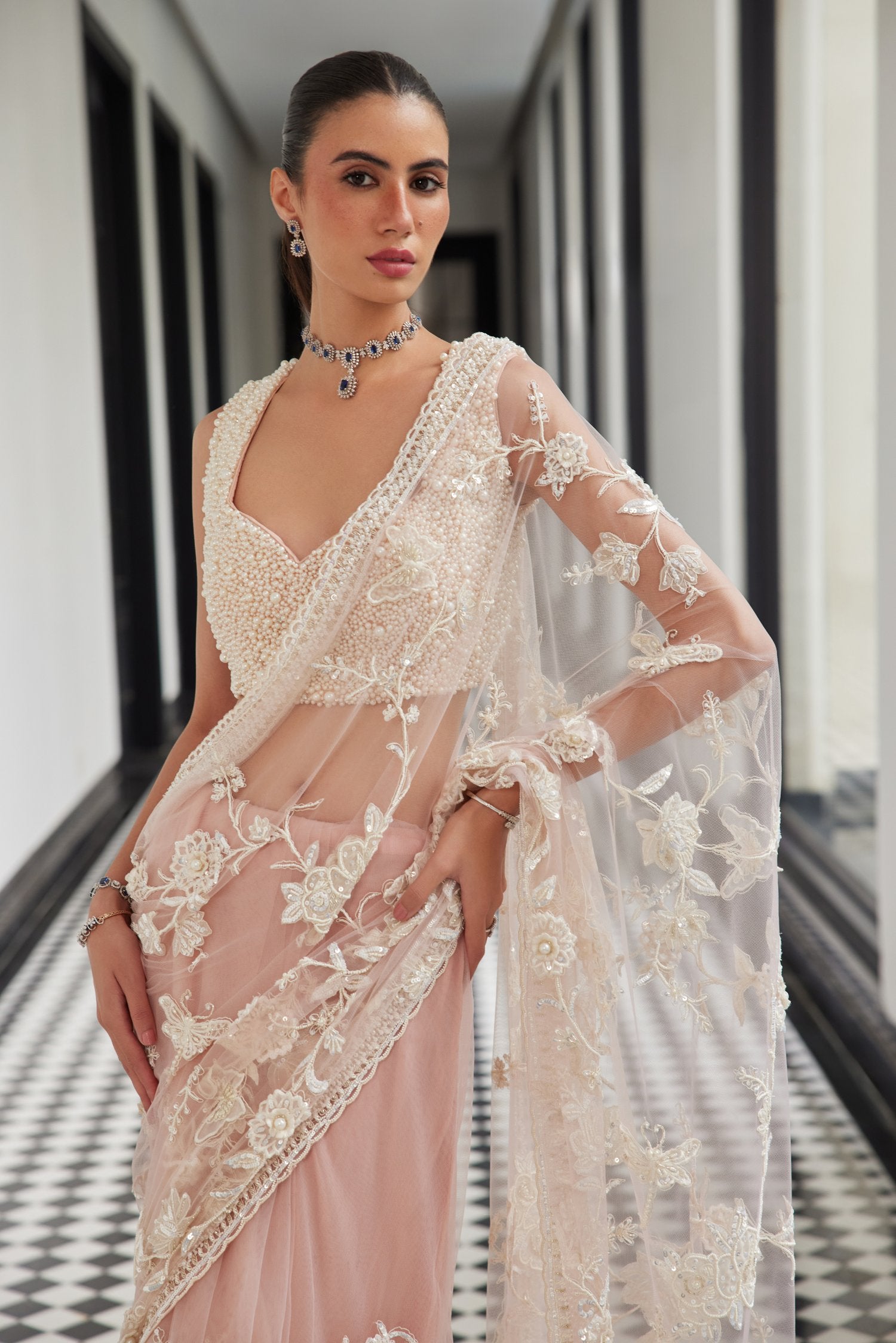 Pink Saree With Pearl Emebellished Blouse