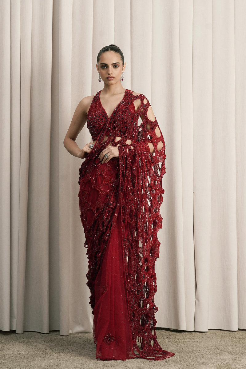 RED NET SAREE WITH HALTER-NECK BLOUSE