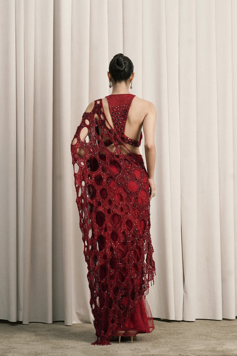 RED NET SAREE WITH HALTER-NECK BLOUSE