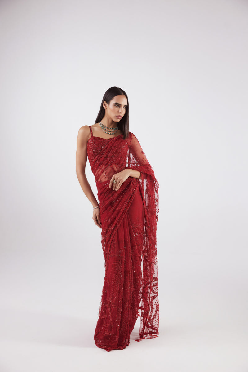 Red Cocktail Net Saree