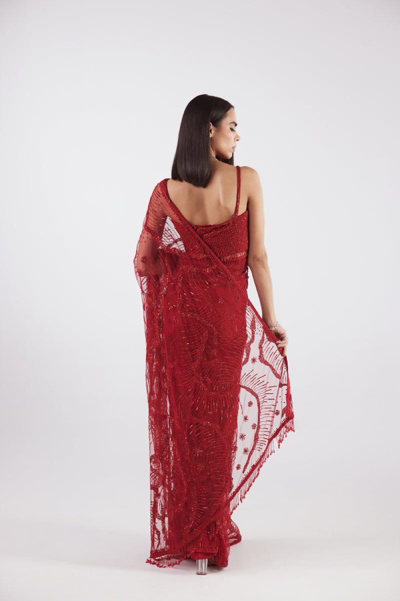 Red Cocktail Net Saree