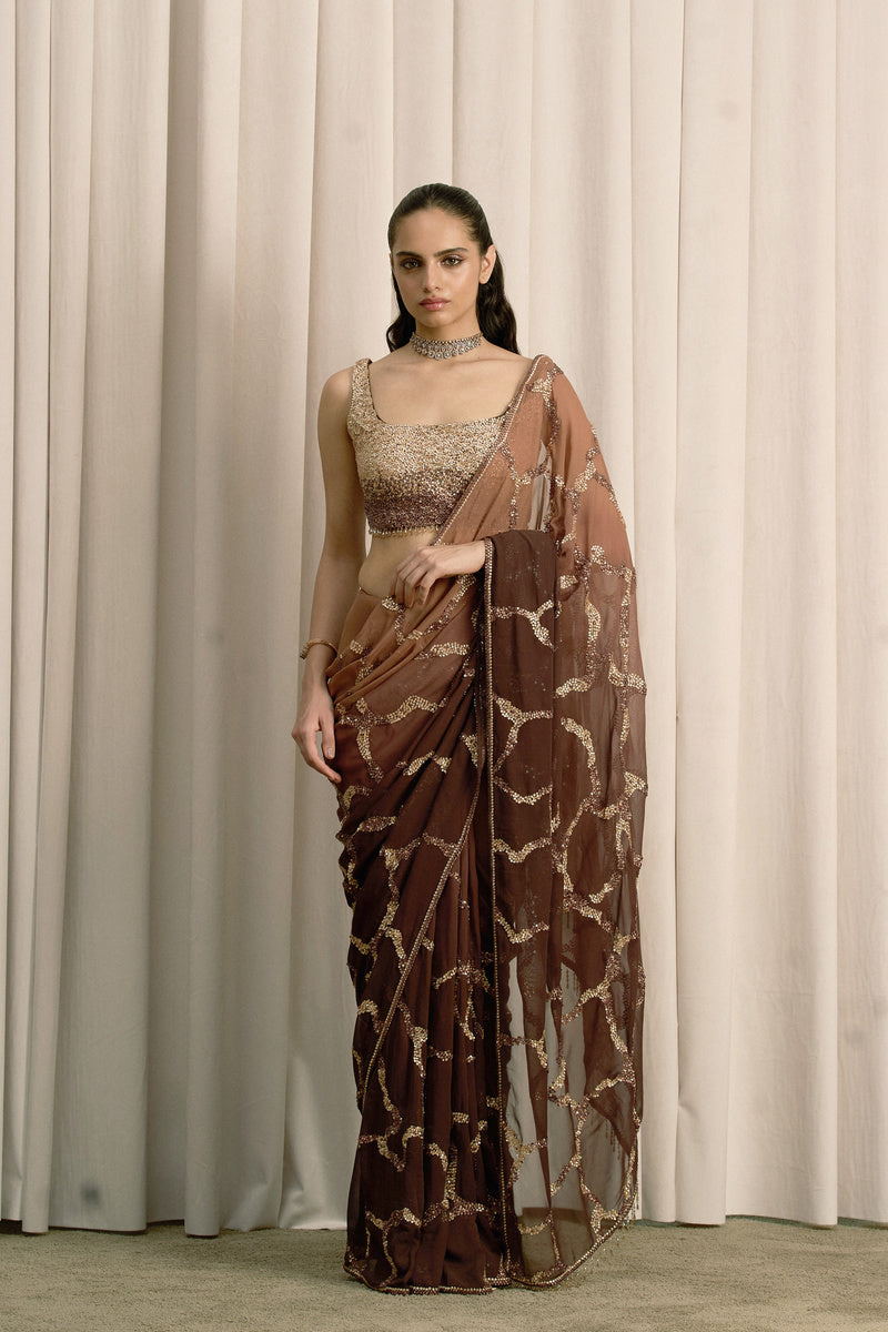 BROWN SHADED GEORGETTE SAREE WITH BLOUSE