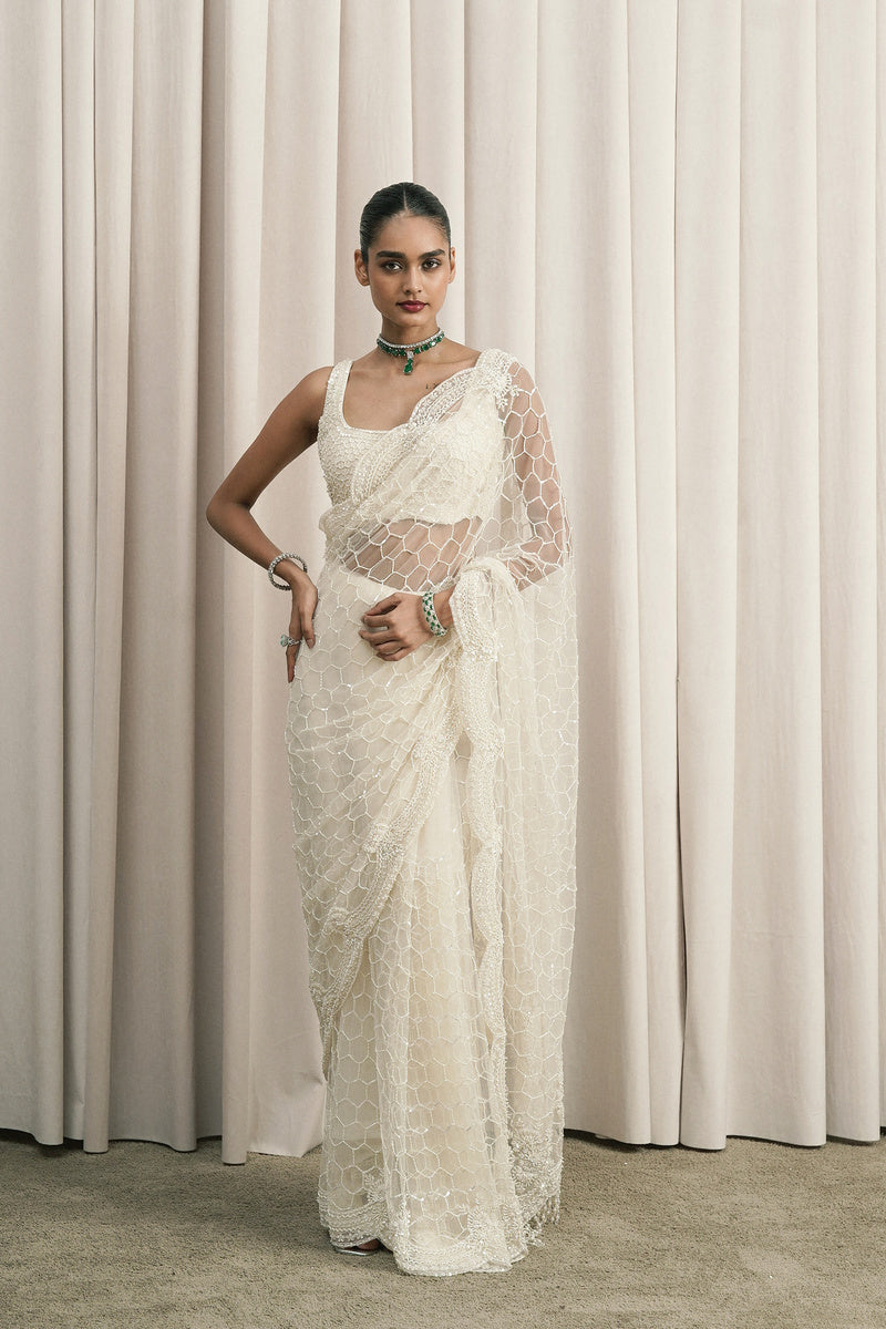 IVORY EMBROIDERED NET SAREE WITH BLOUSE