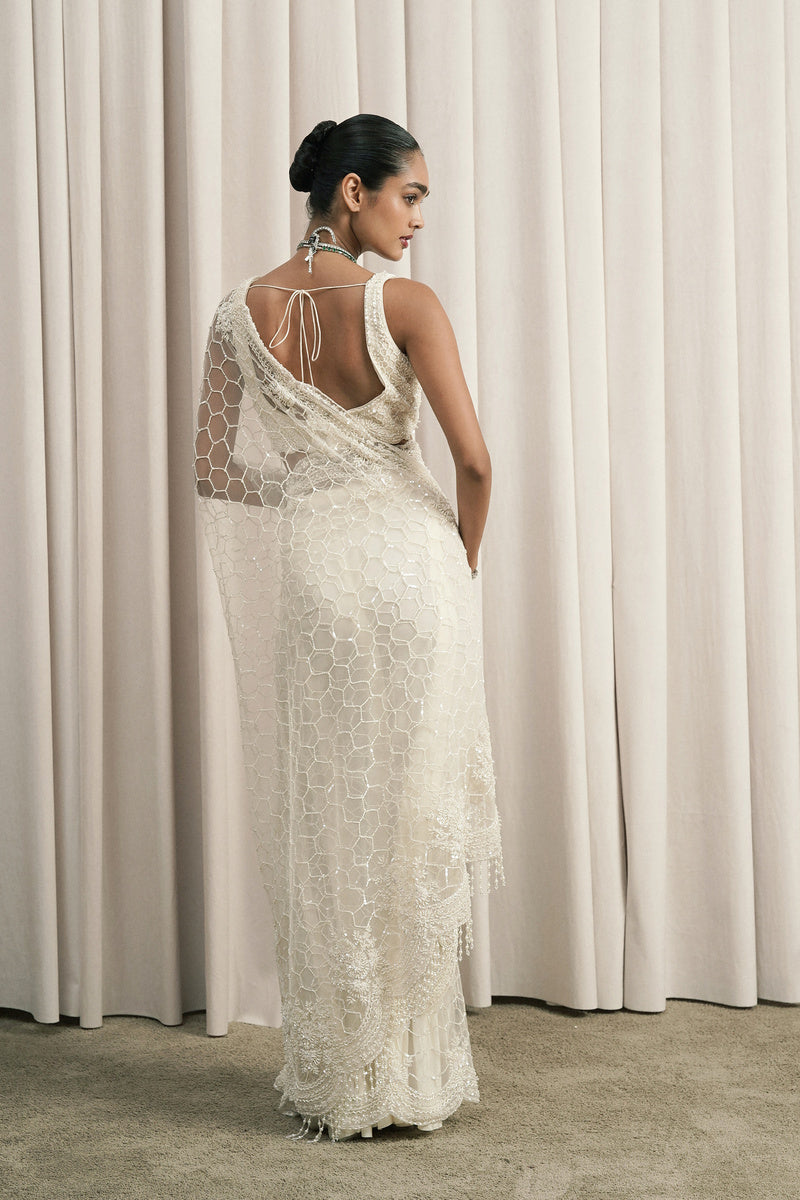 IVORY EMBROIDERED NET SAREE WITH BLOUSE