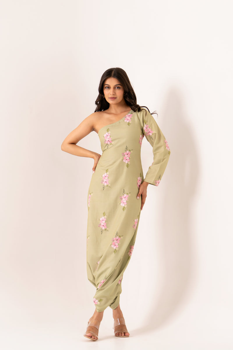 Pickle Green One-Shoulder Dhoti Jumpsuit