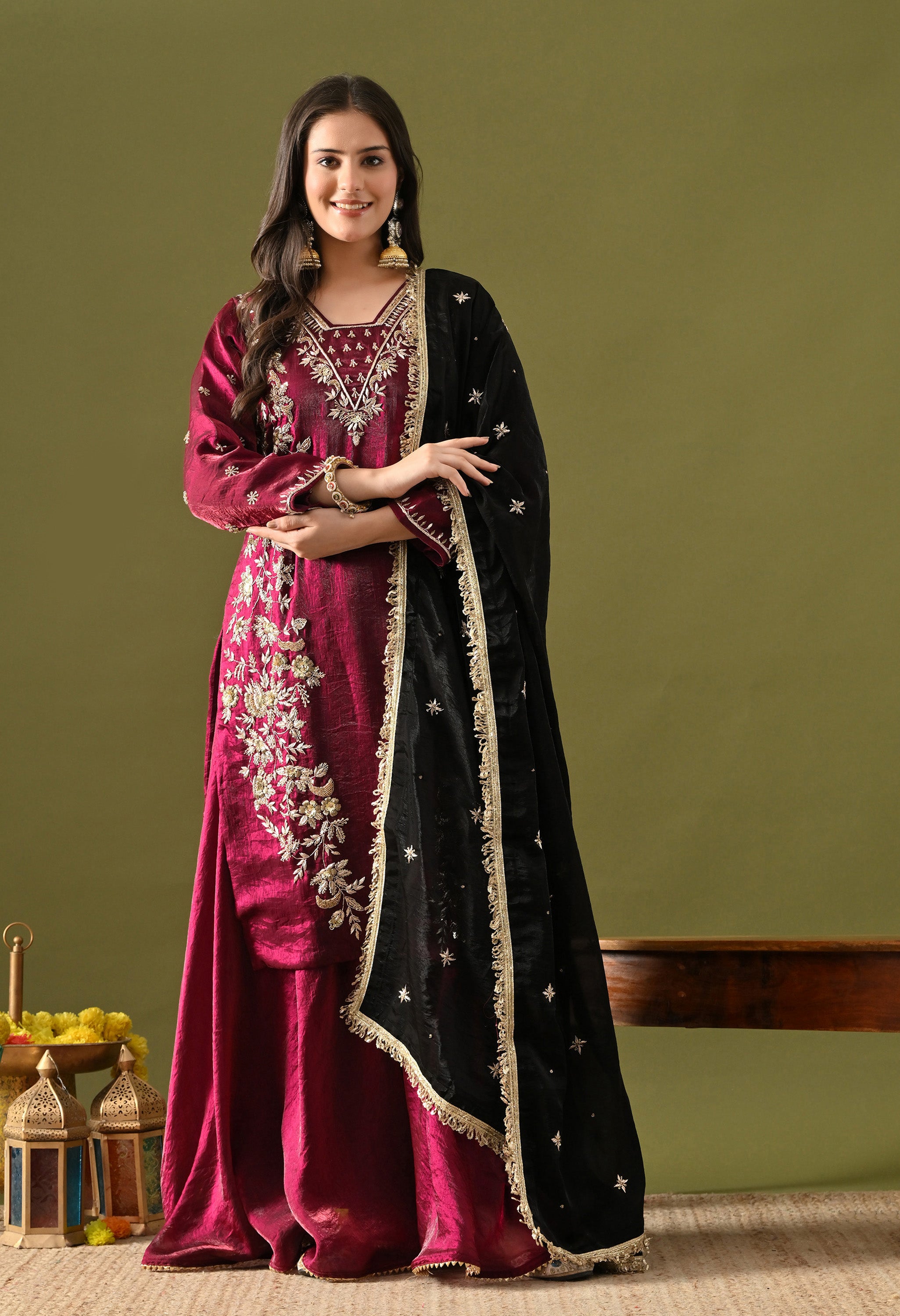 Wine Sharara Set In Luxurious Glass Silk