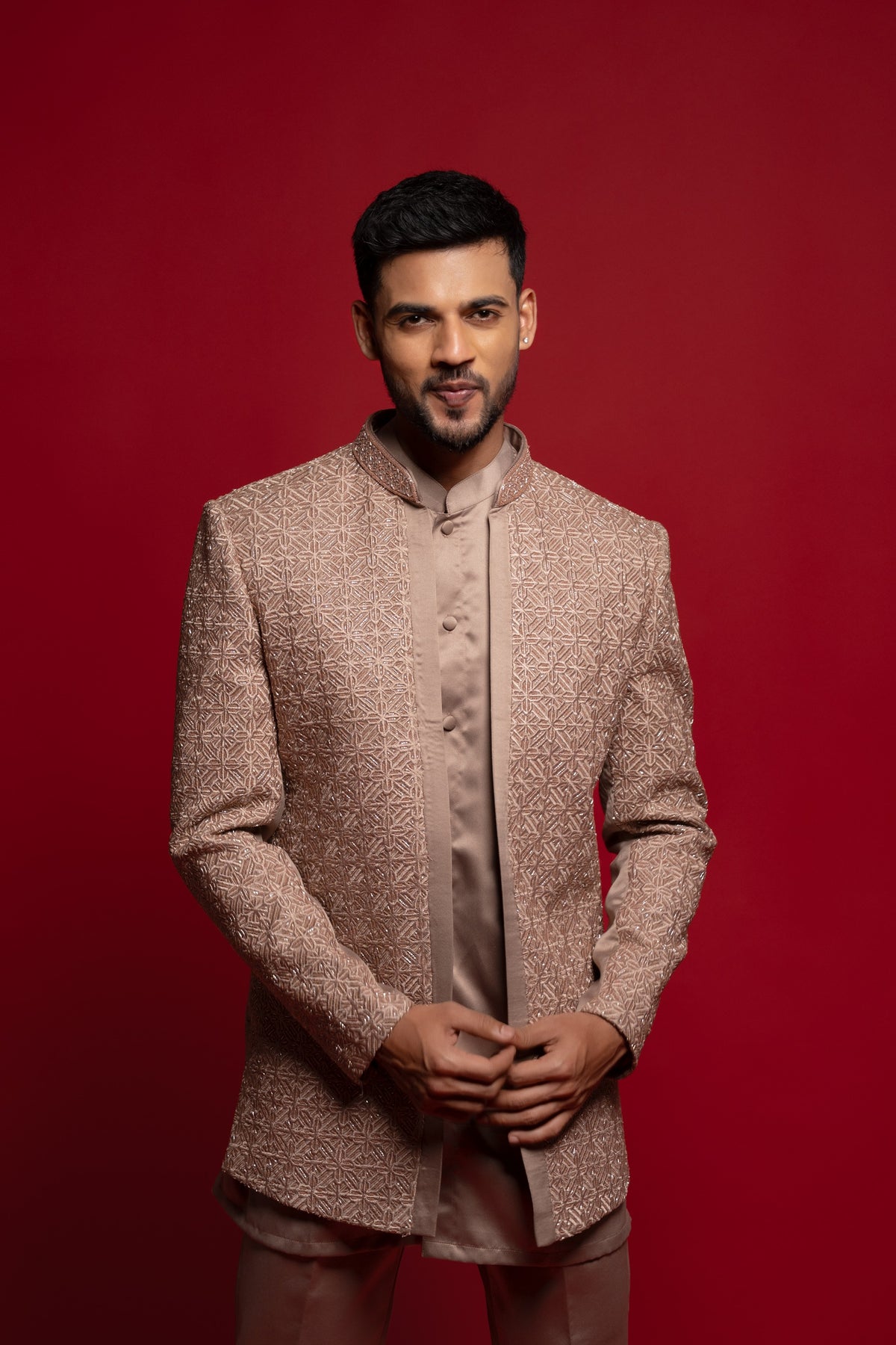 Copper Brown Embroidered Open Jacket Set