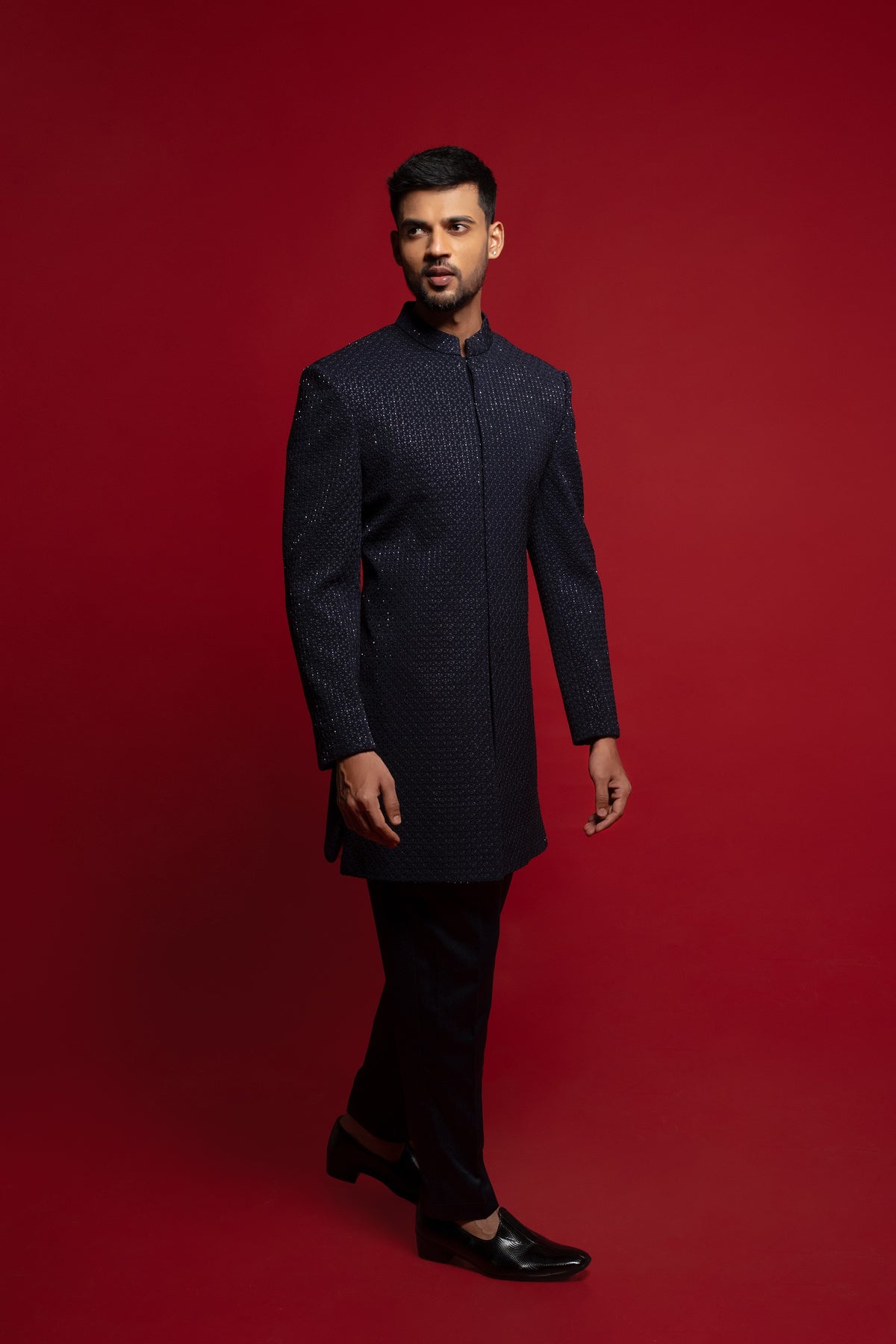 Dark Blue Polyester Embroidered Indowestern Set