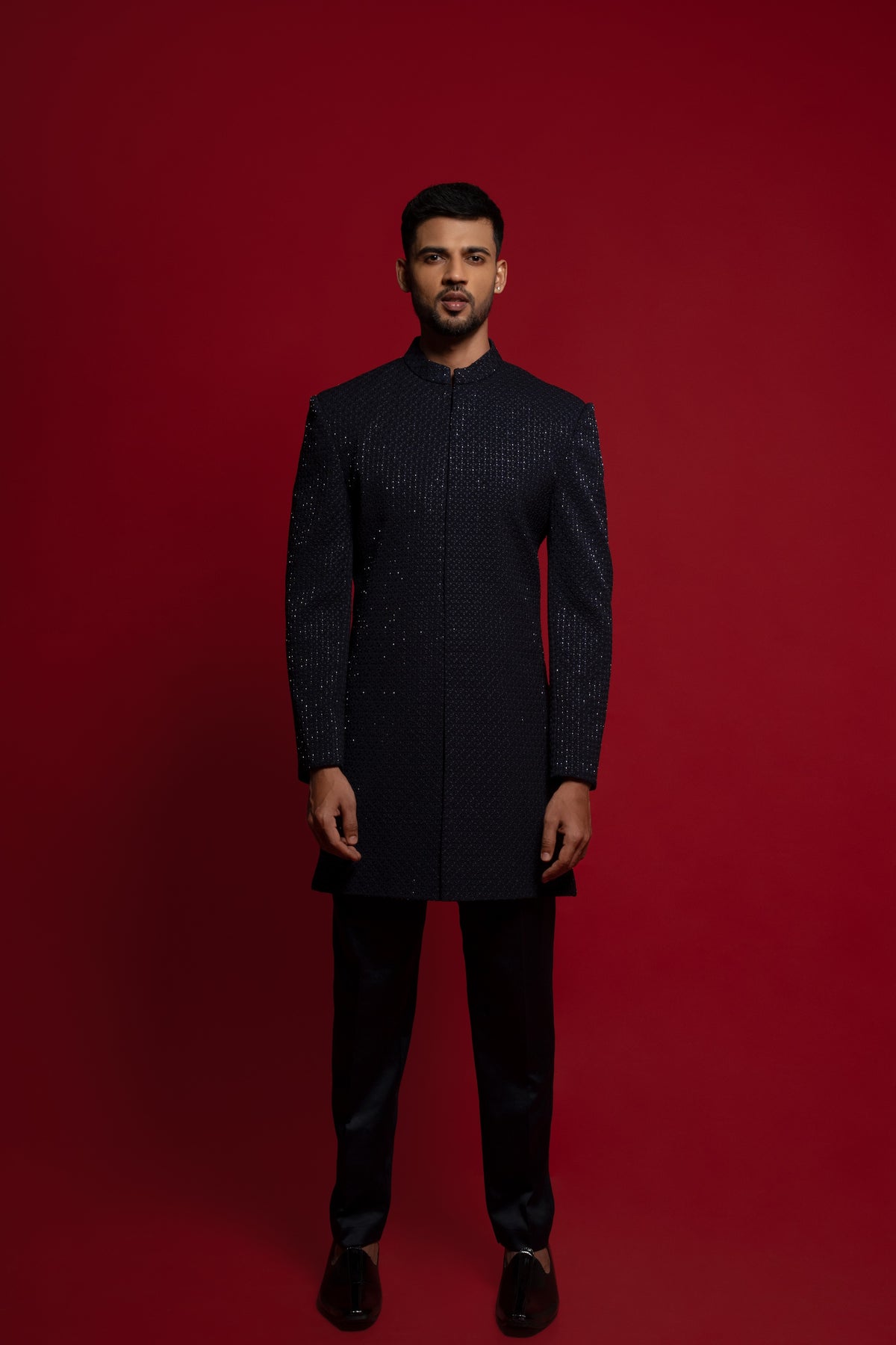 Dark Blue Polyester Embroidered Indowestern Set