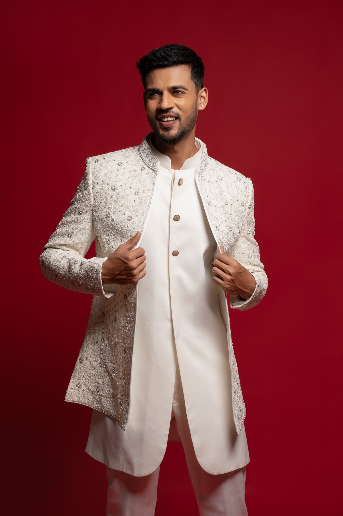 White Silk Embroidered Open Jacket Set