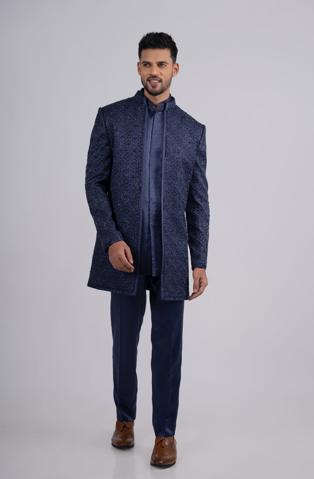 Blue Silk Embroidered Open Jacket Set