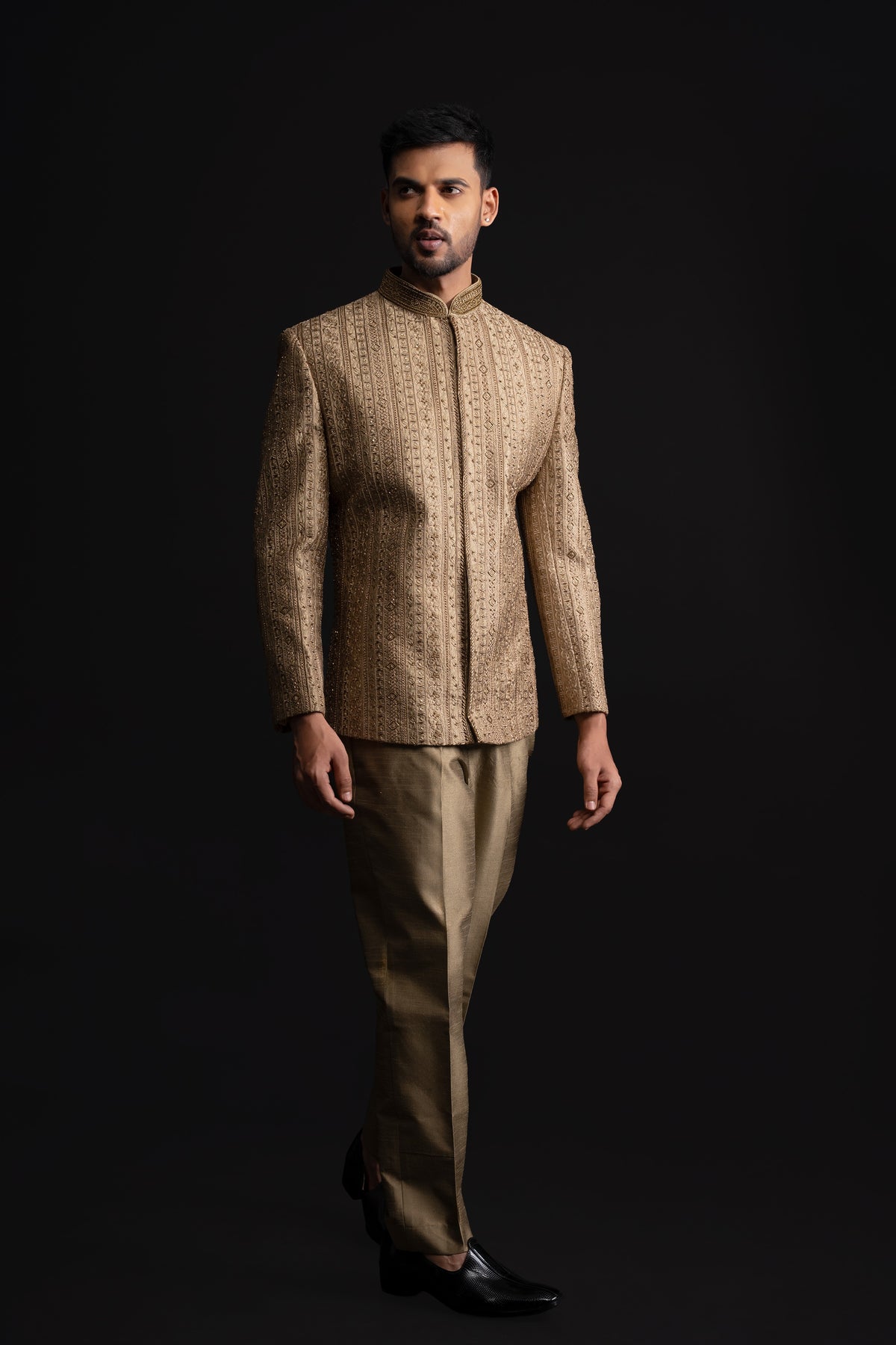 Olive Brown Silk Indo Western For Men With Heavy Embroidery
