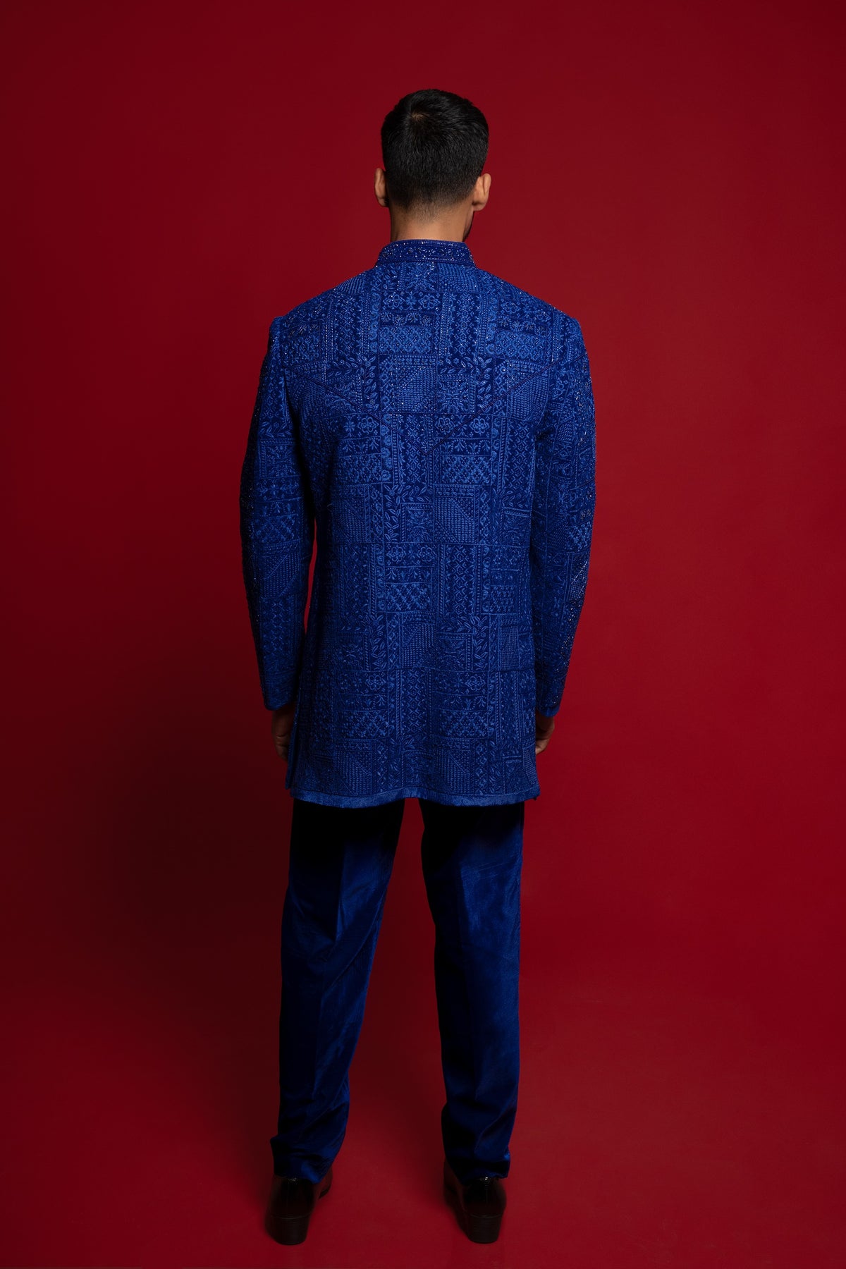 Royal Blue Velvet Open Indo Jacket Set With Embroidery