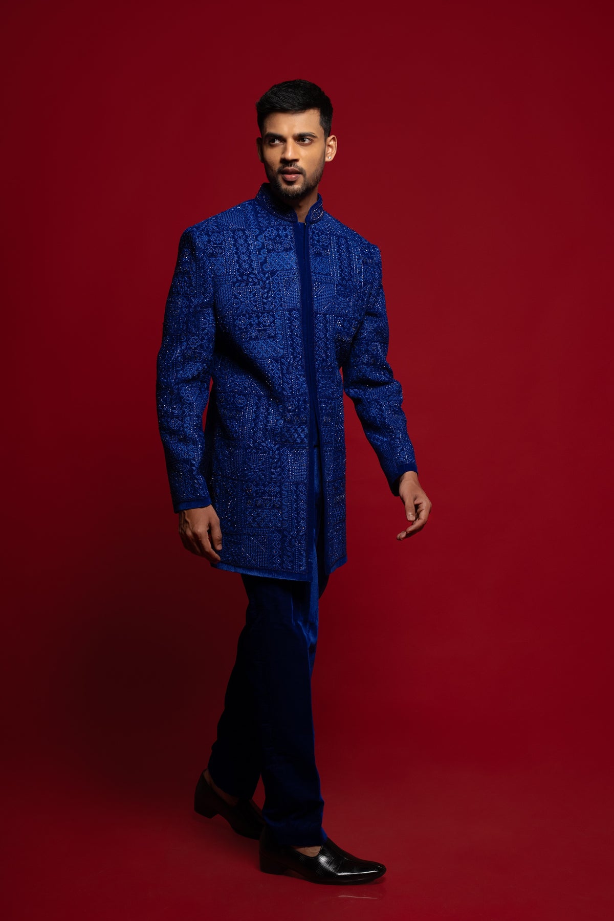 Royal Blue Velvet Open Indo Jacket Set With Embroidery