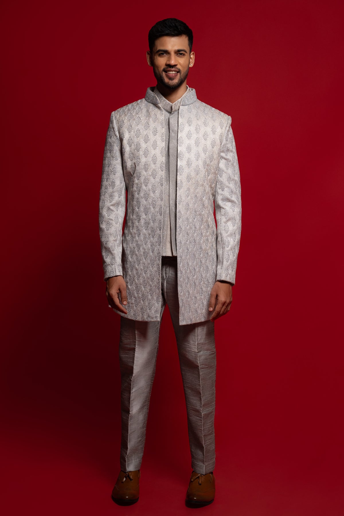 Ice Grey Embroidered Indo-Western Set