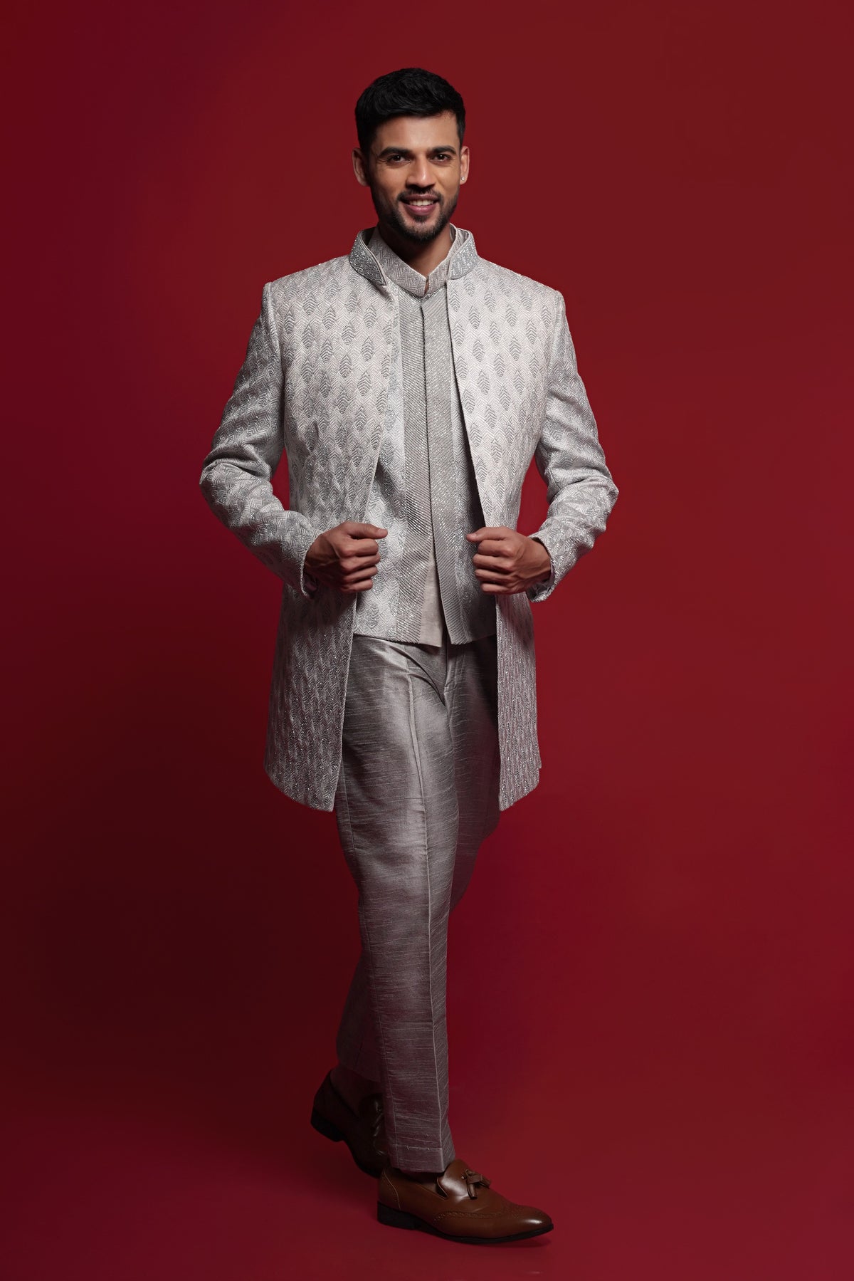 Ice Grey Embroidered Indo-Western Set