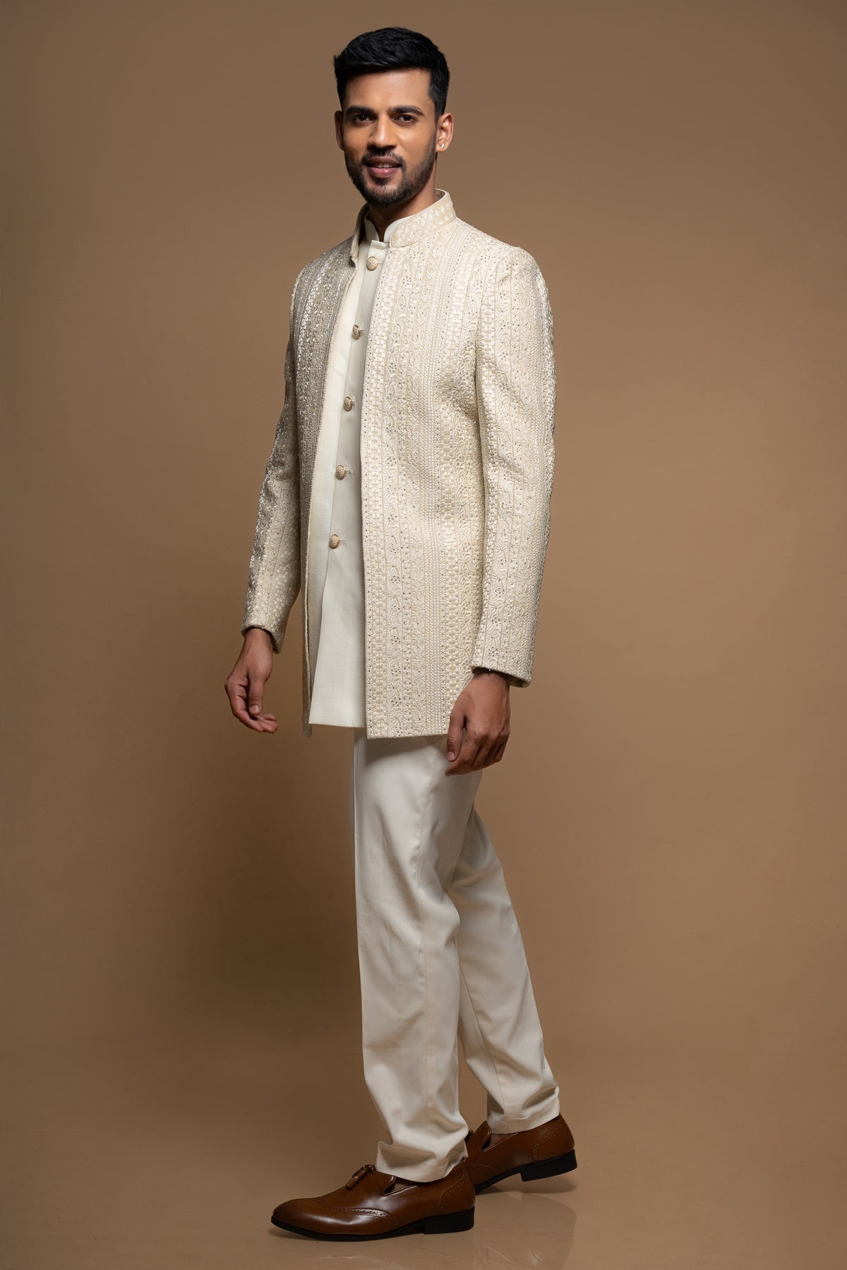 Beige Embroidered Silk Indo Western Set