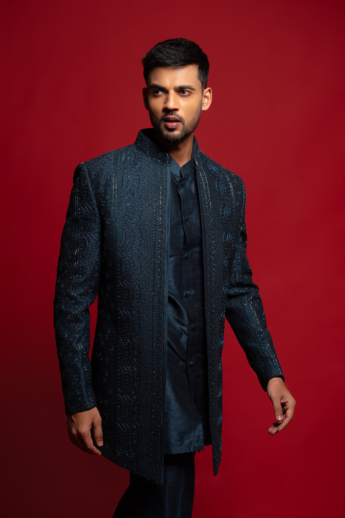 Teal Green Embroidered Silk Indo Western Set