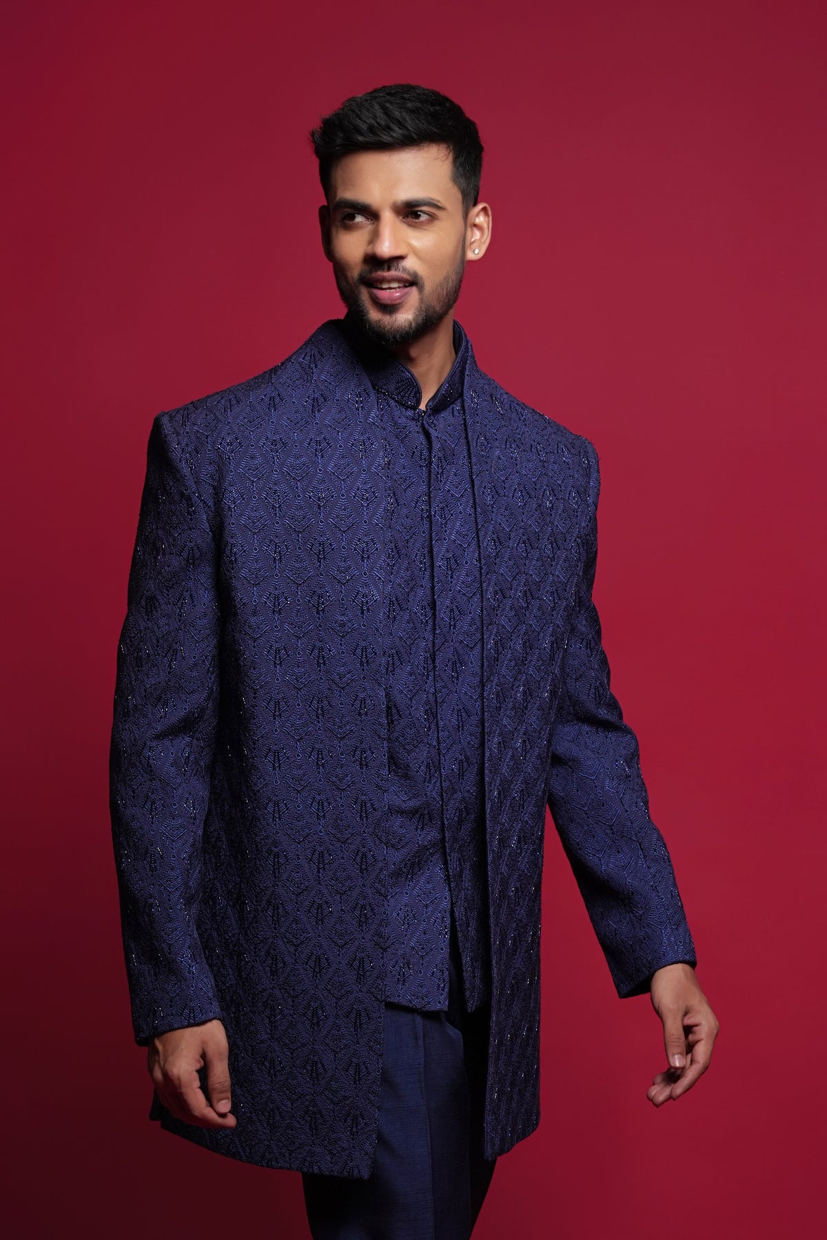 Blue Embroidered Silk Indo Western Set