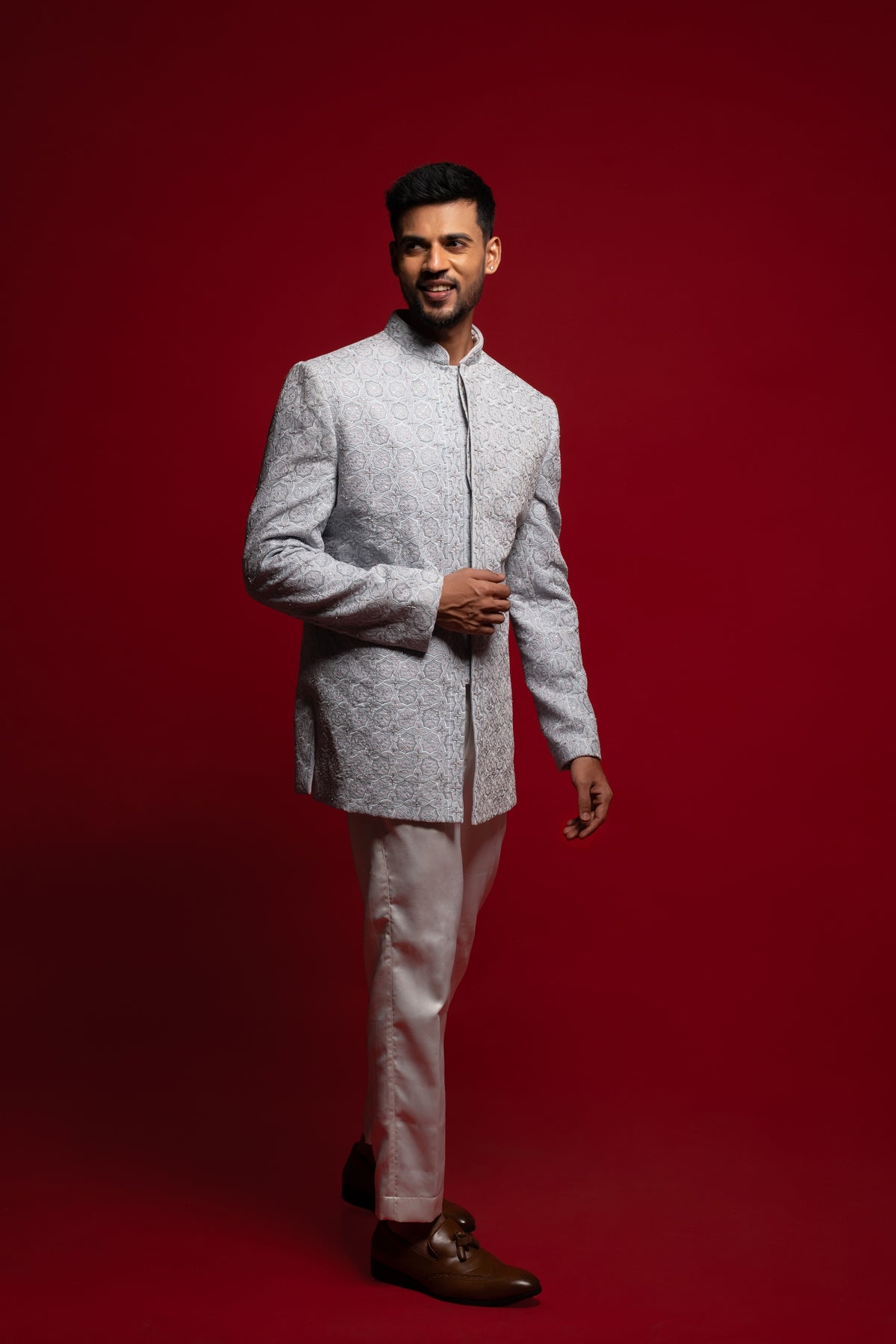 Power Blue Velvet Embroidered Indowestern Set