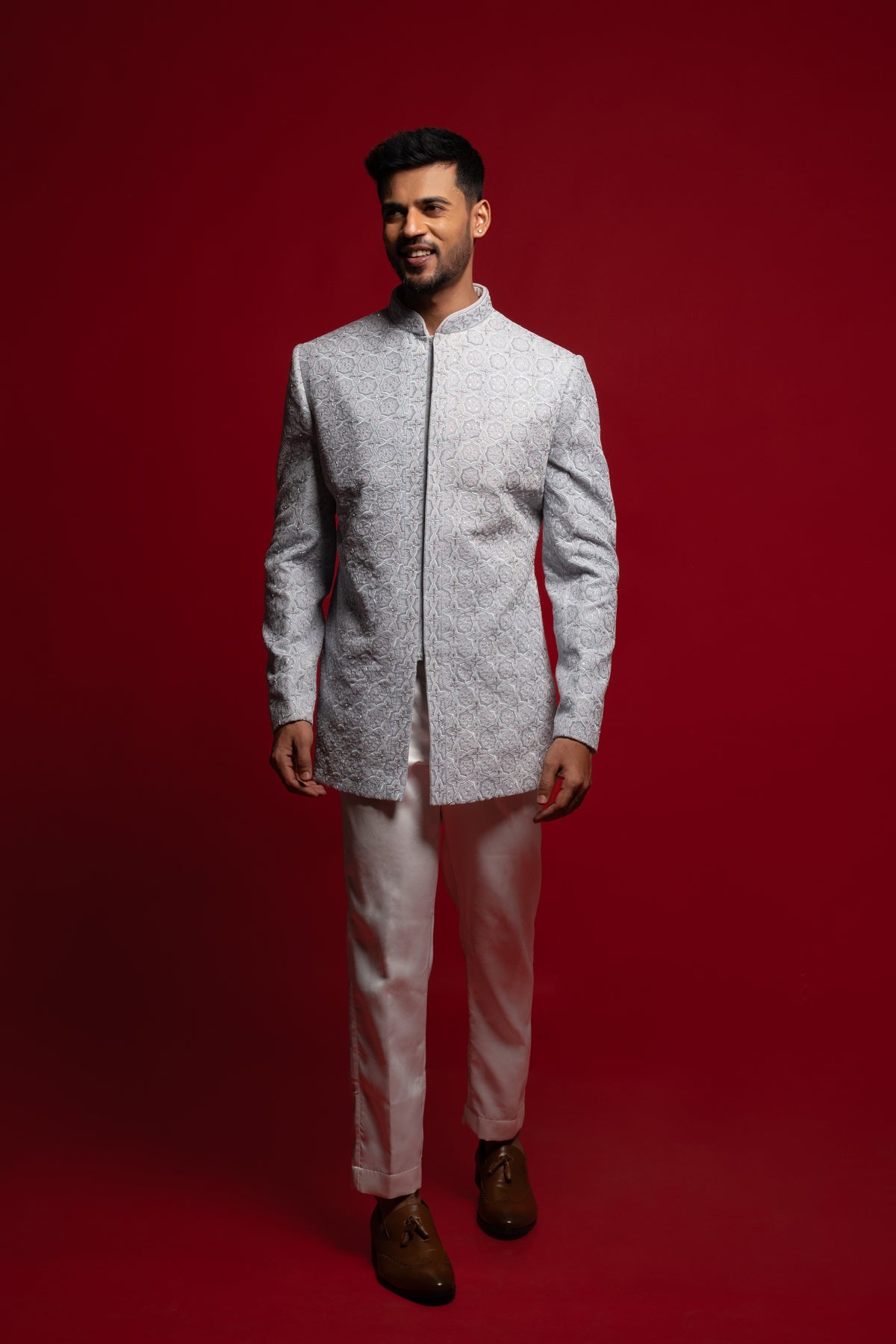 Power Blue Velvet Embroidered Indowestern Set