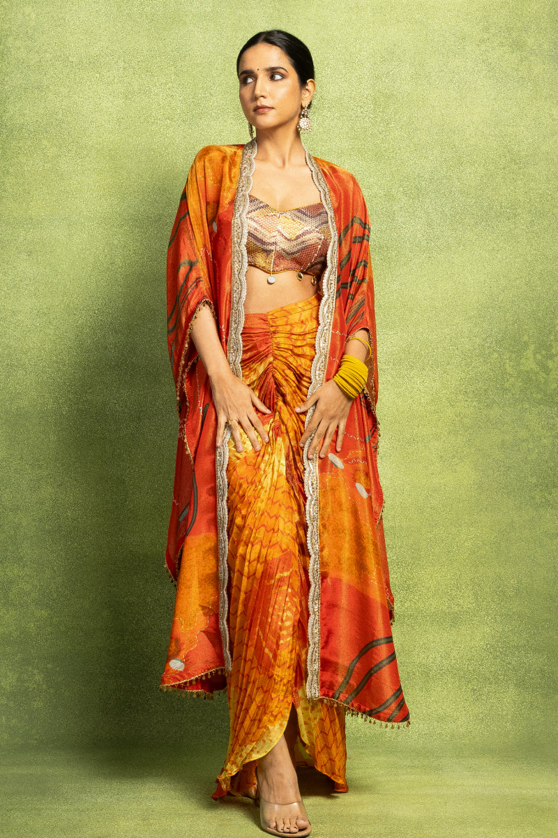 Orange Hand Embroidered Jacket and Skirt Set